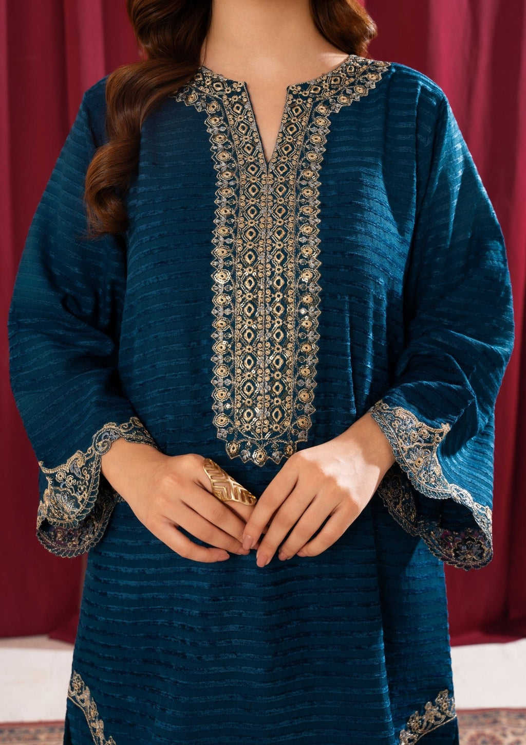 Yolo Pret Alpine Velvet Tilla Embroidered with Velvet Shawl Teal AFP A25 0001 Women 3pcs