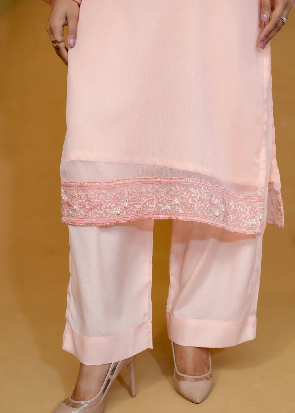 Pretbee Peach Embroidered chiffon Women 3pcs