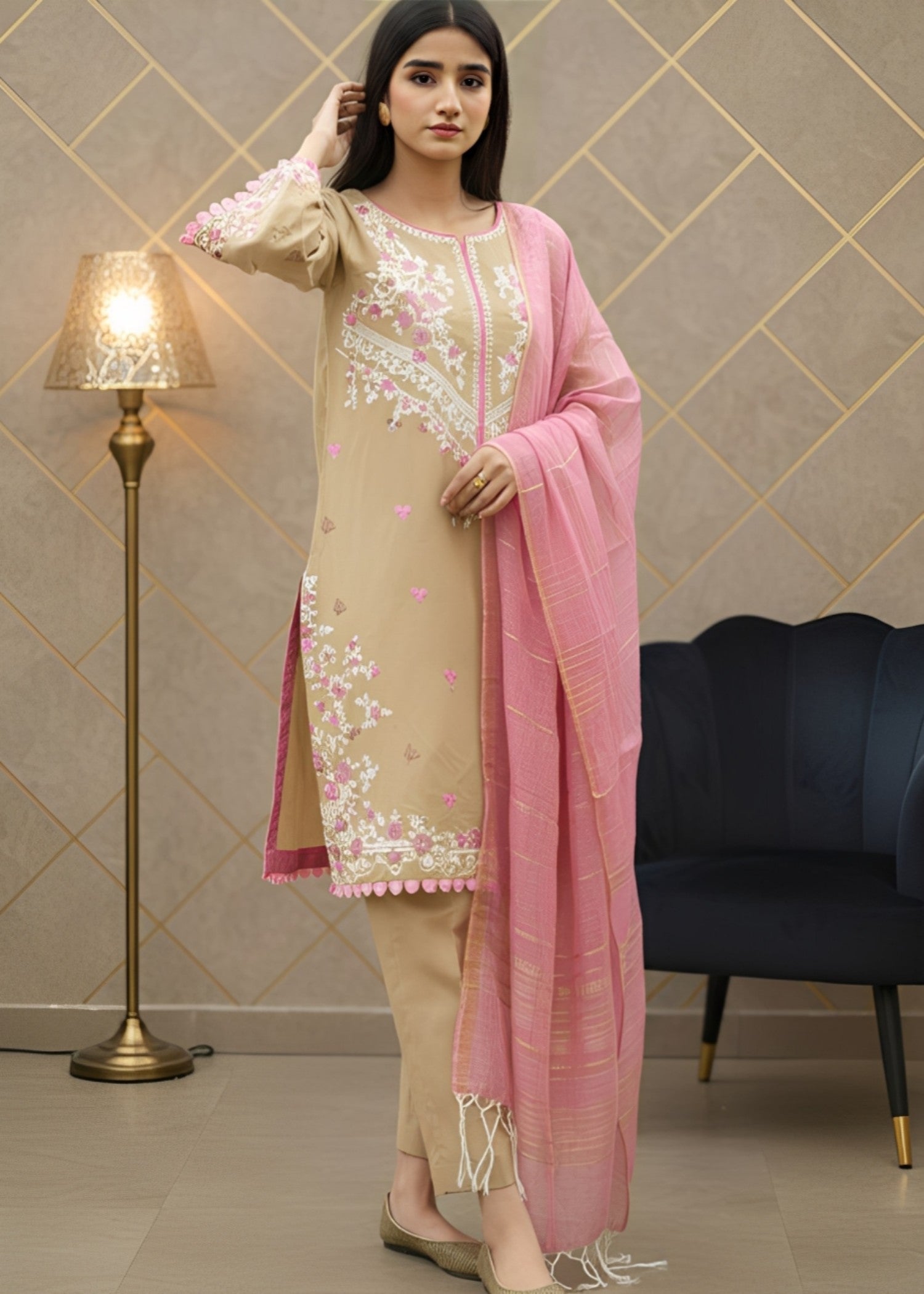 Hayati Collections Cotton Lawn | Embroidery | Cream Women 3pcs