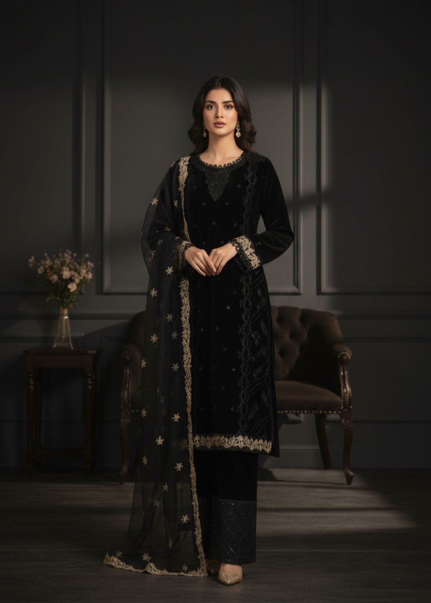 Pehnawa By Bin Akram’s Midnight Regalia | Velvet Women 3pcs