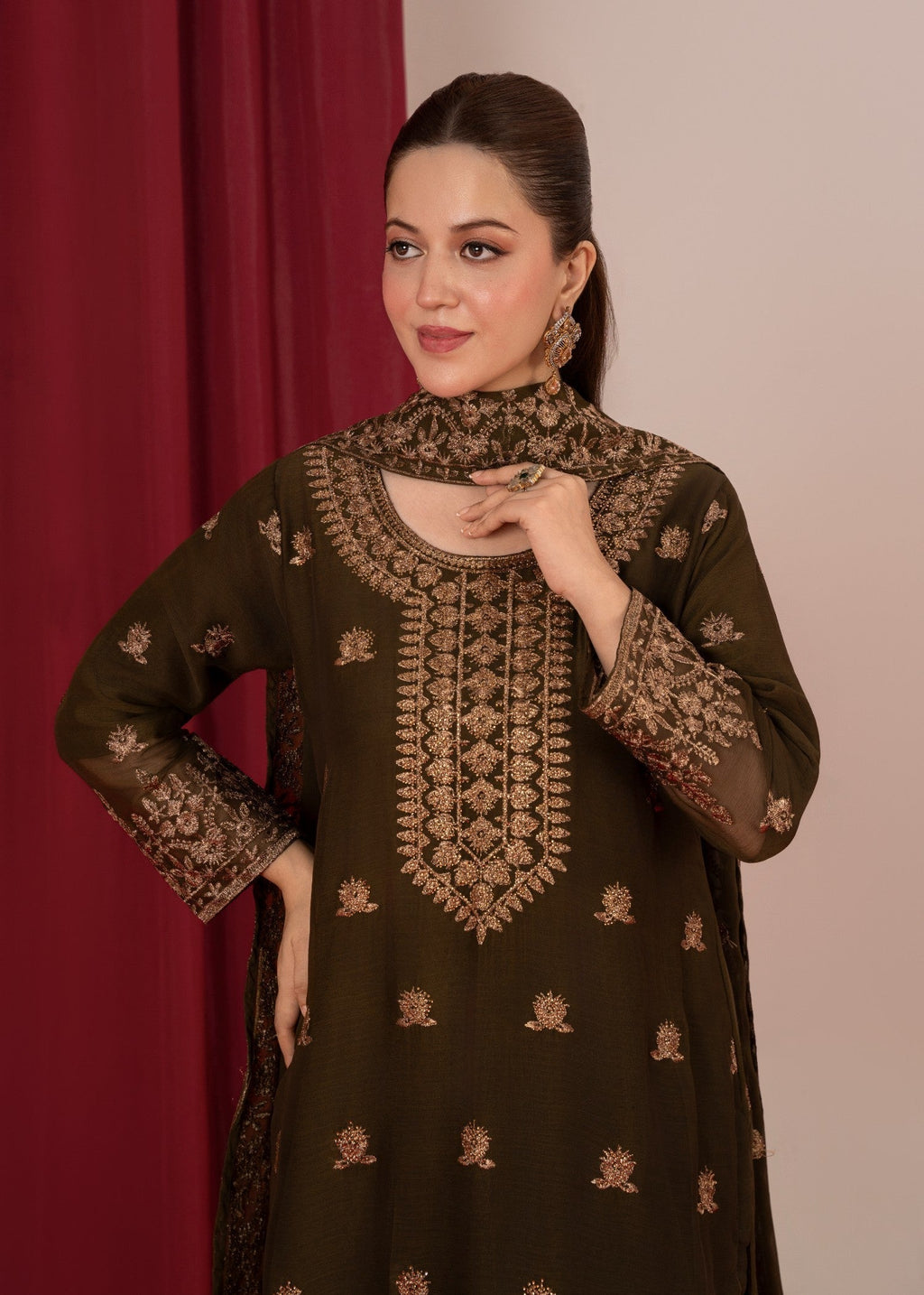 Four Season Boutique YUMNA PLAZZO OLIVE GREEN Women 3pcs