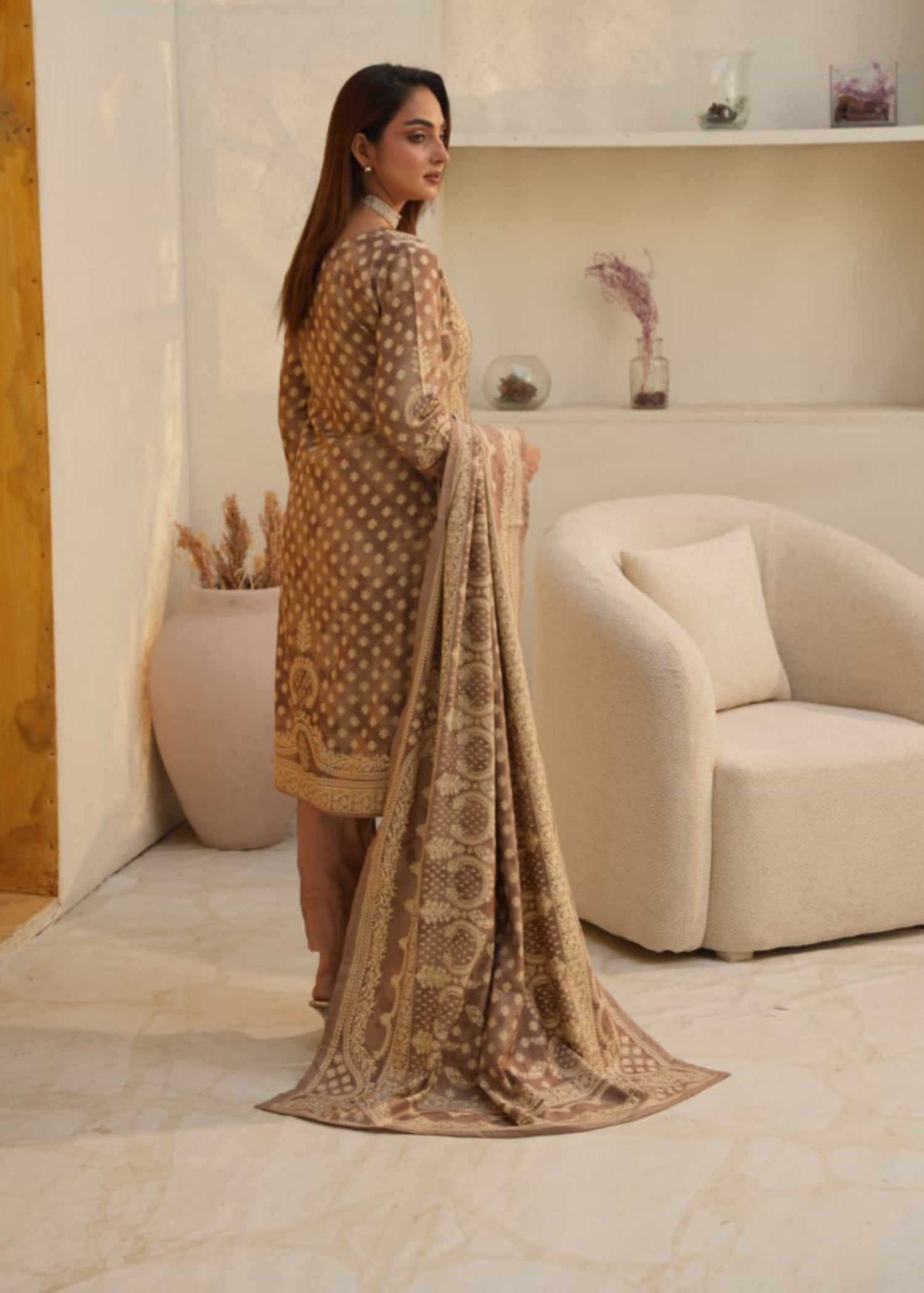 Designer Rack dhanak printed embraided tan brown Women 3pcs