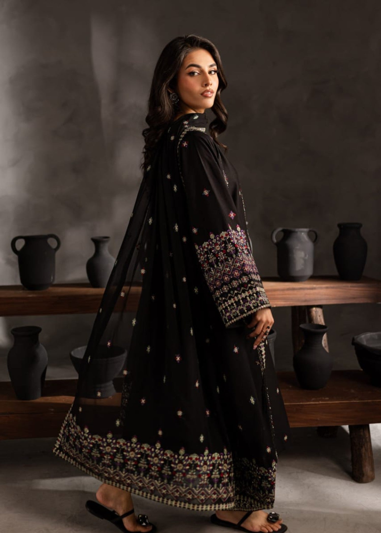 Shehroz Fashion Black Orchid lawn embroidery suit Women 3pcs