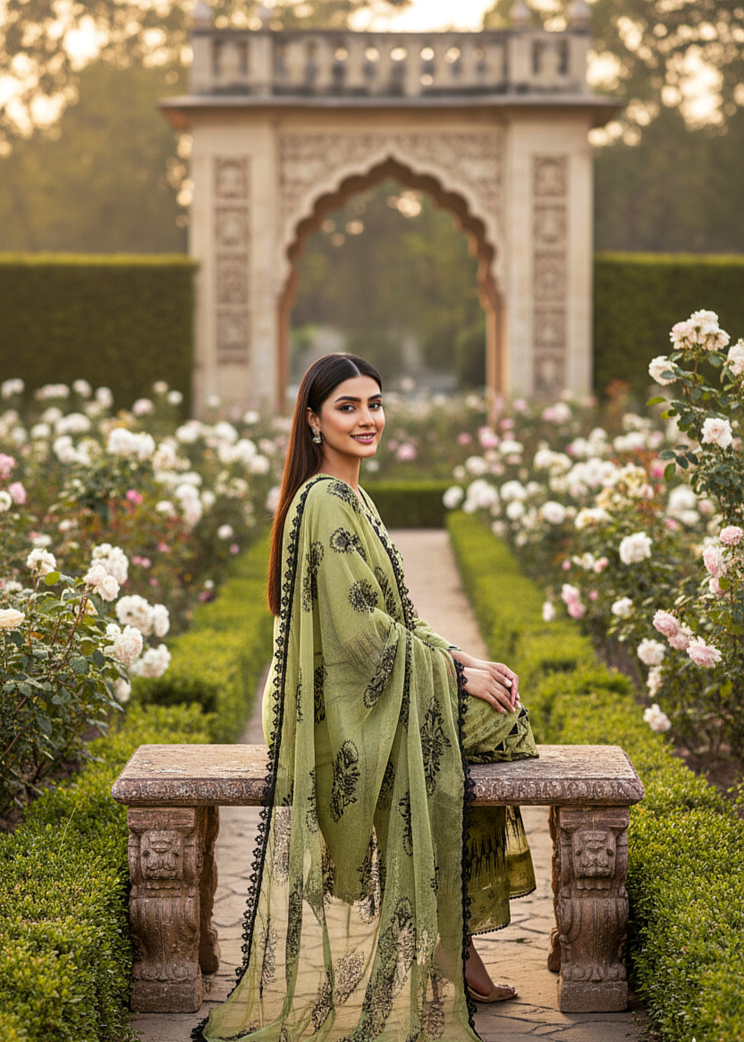 MMG Garments MEHERBANO| COTTON CHIKANKARI EMBROIDERED SUIT LIGHT GREEN MMG 973 Women 3pcs