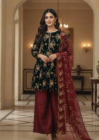 MMG Garments SHEHNAI|VELVET EMBROIDERED D FROCK GREEN Women 3pcs