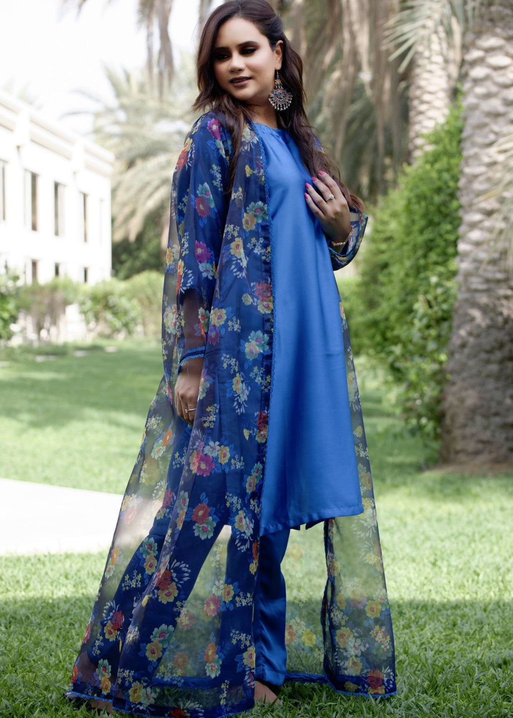 Hayati Collections Organza | Printed Gown with Silk Inner | | Dark Blue Women 3pcs