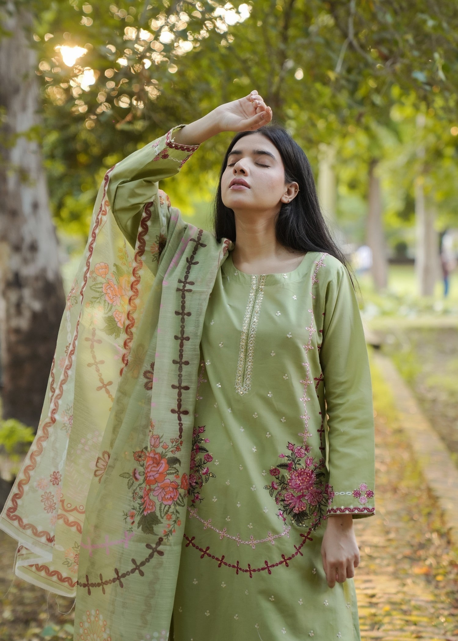 Attirepret Pista Green Floral Embroidered Cotton Women 3pcs