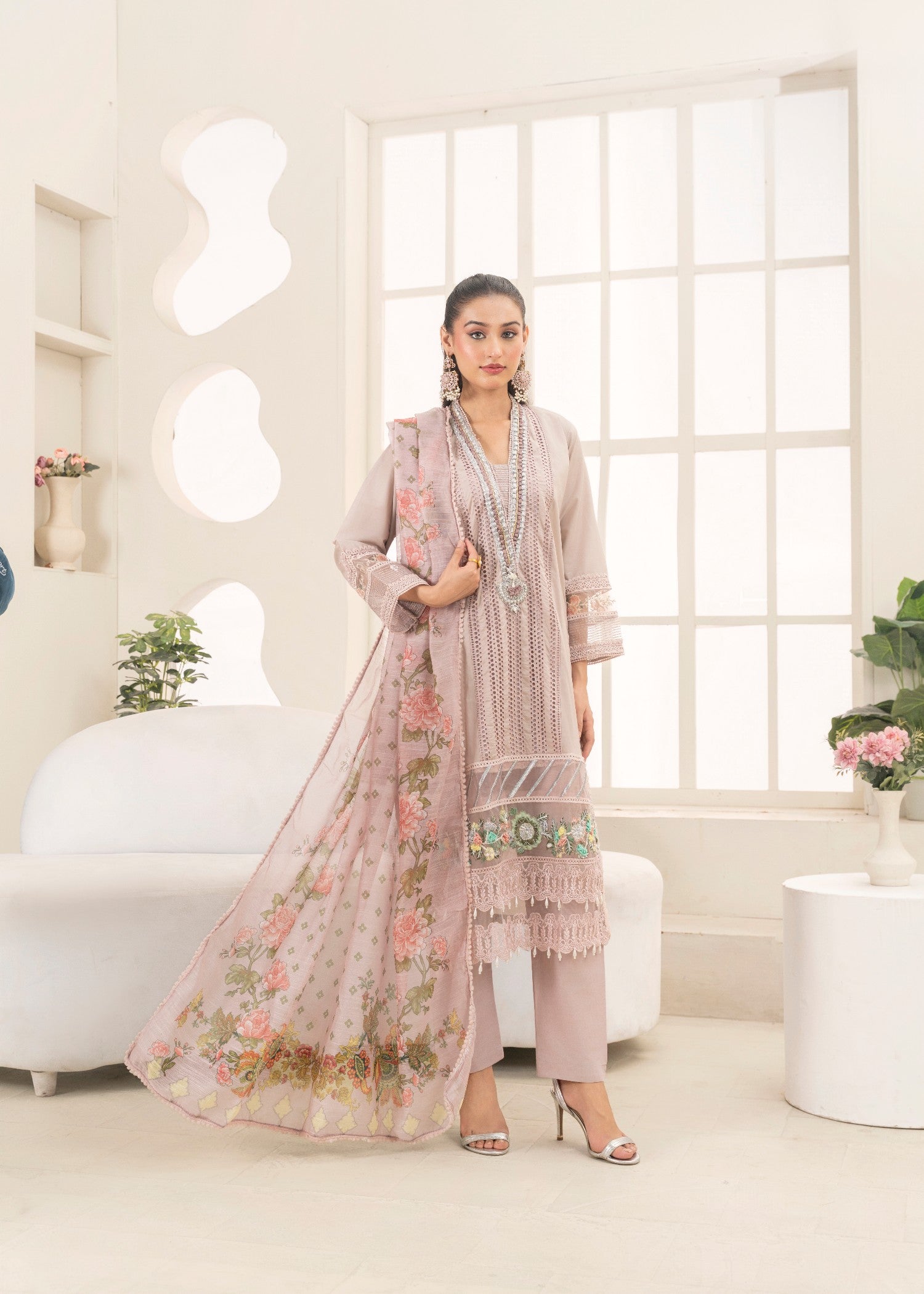Khubsurat 3558 KH CT Lilac Embroidery Long Shirt Cotton Women 3pcs