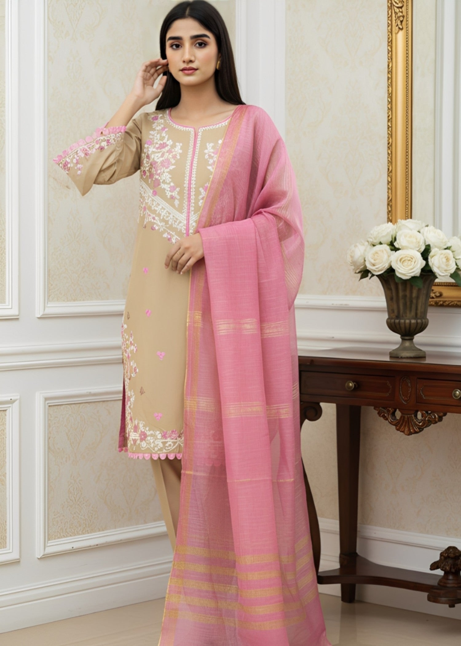 Hayati Collections Cotton Lawn | Embroidery | Cream Women 3pcs