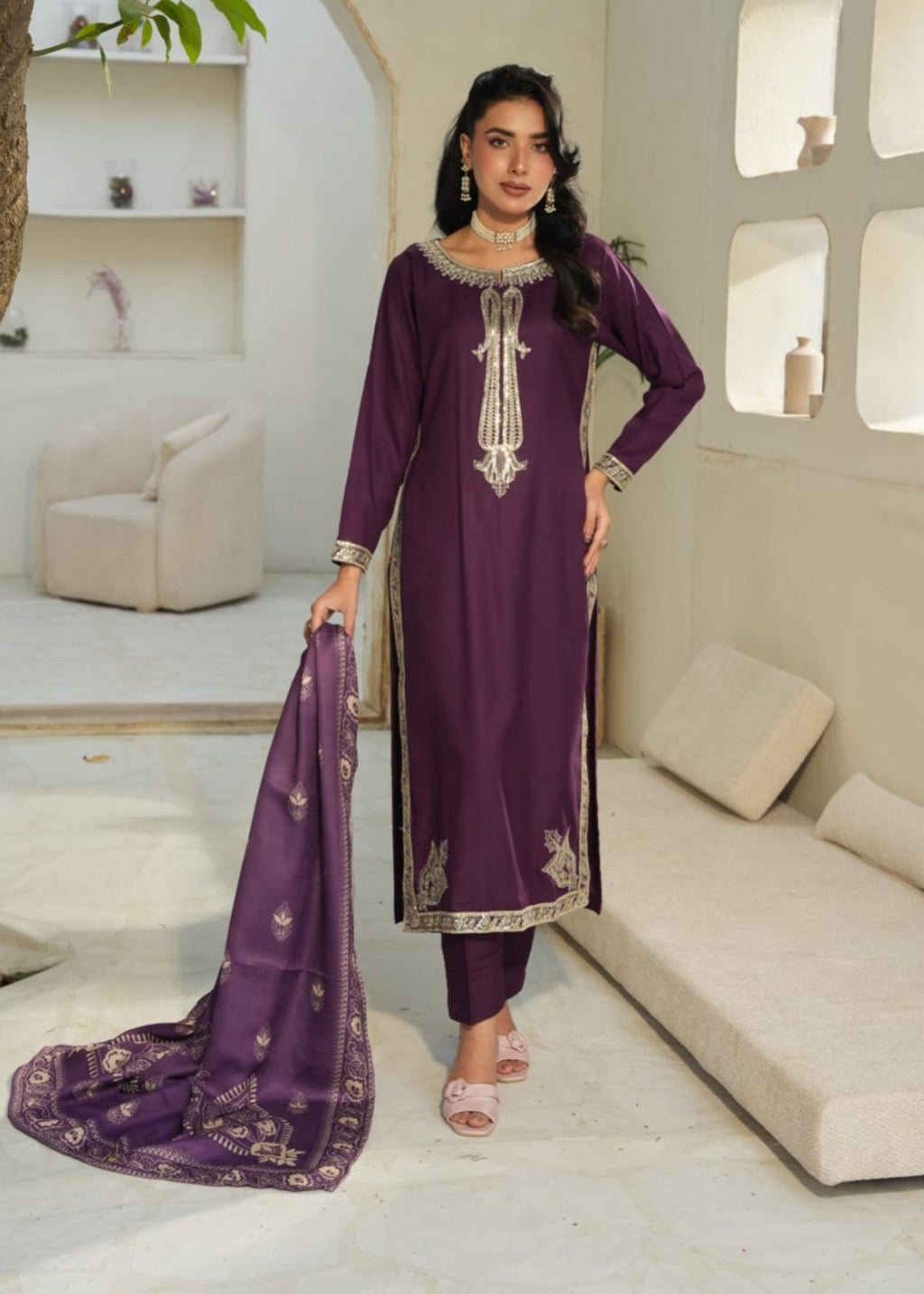 Designer Rack Dhanak embraided purple Women 3pcs