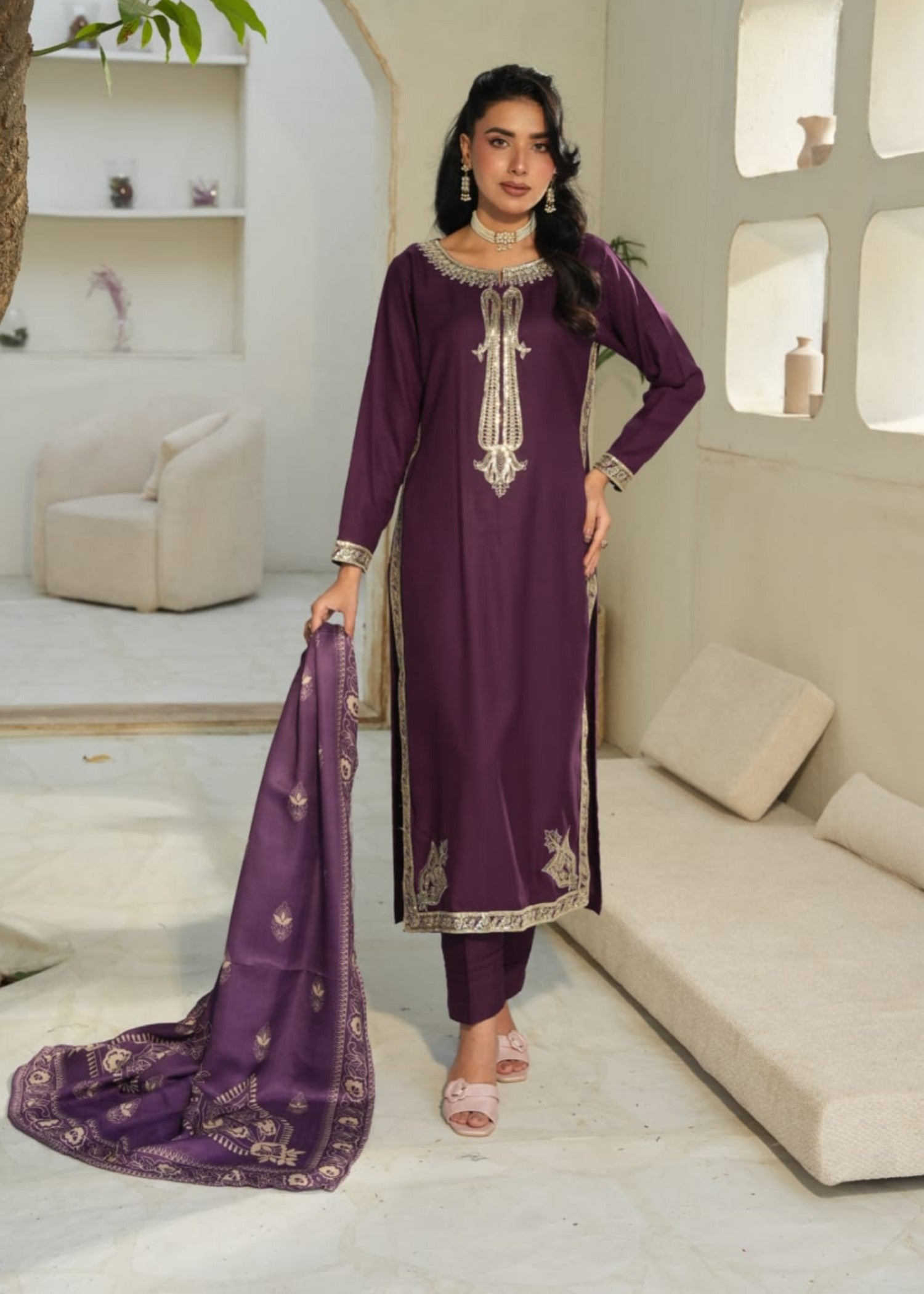 Designer Rack Dhanak embraided purple Women 3pcs