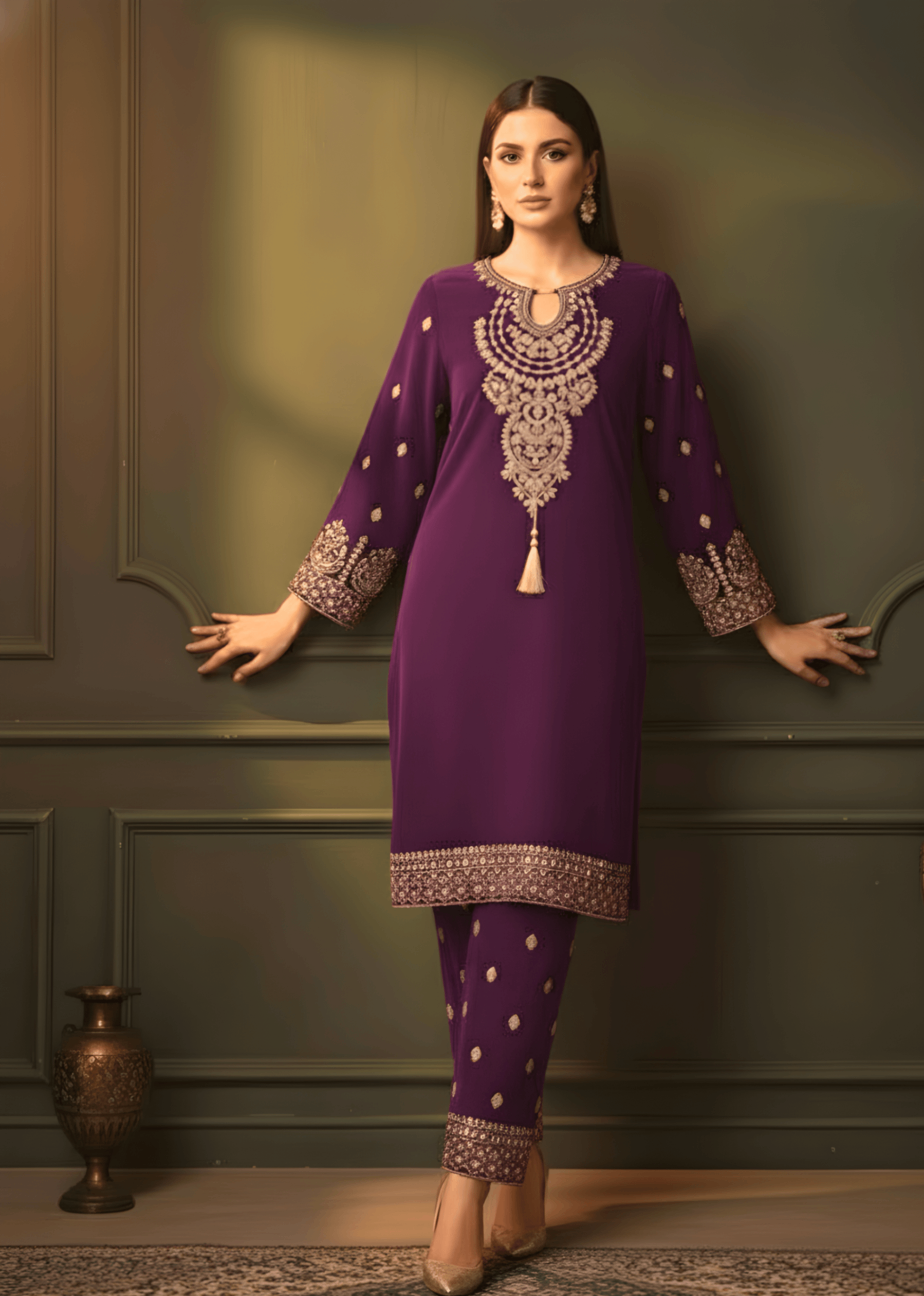 Sutar Purple Velvet Luxe Embroidered Set Women 2pcs
