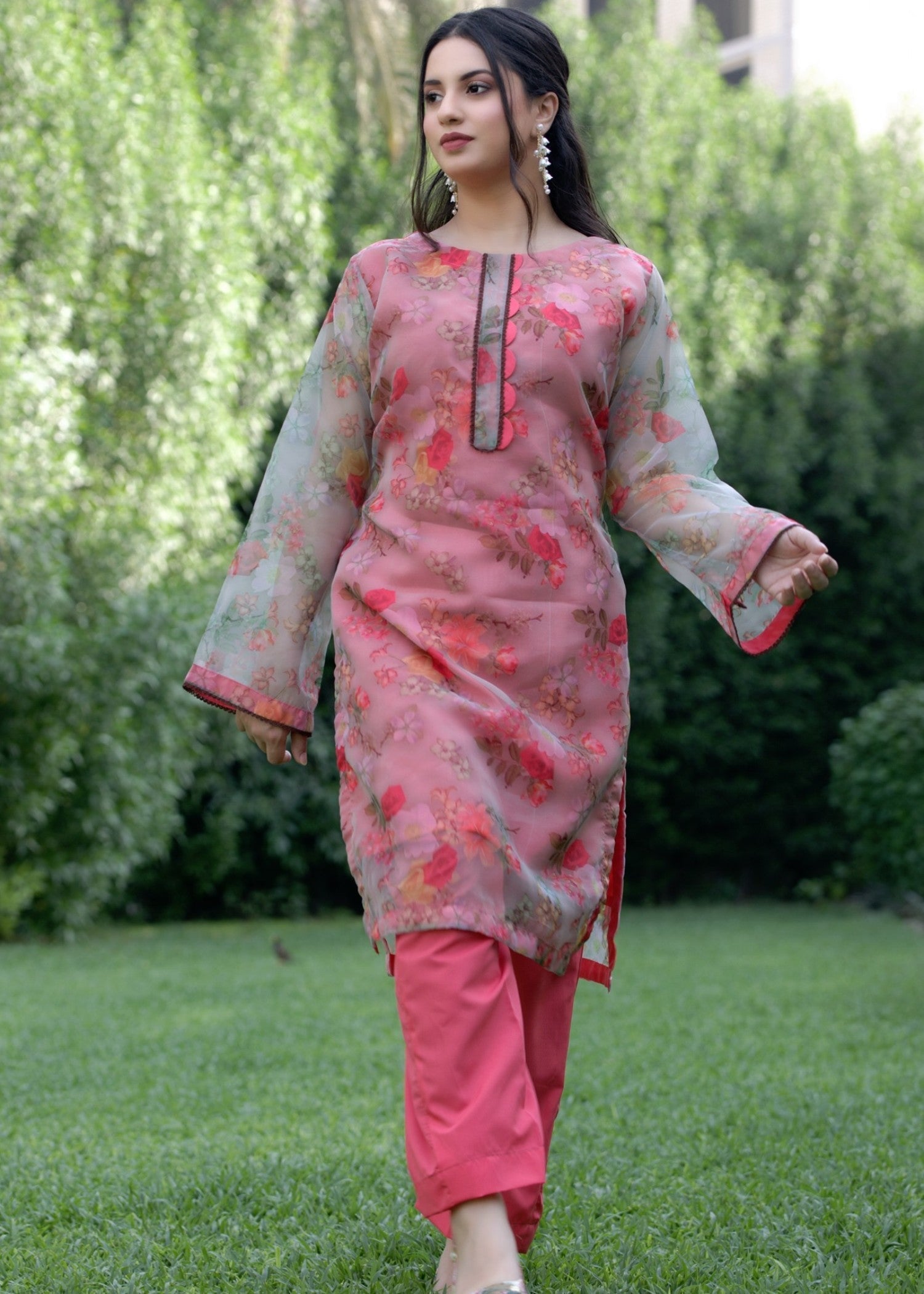 Hayati Collections Organza Printed Suit |Tea Pink Women 2pcs