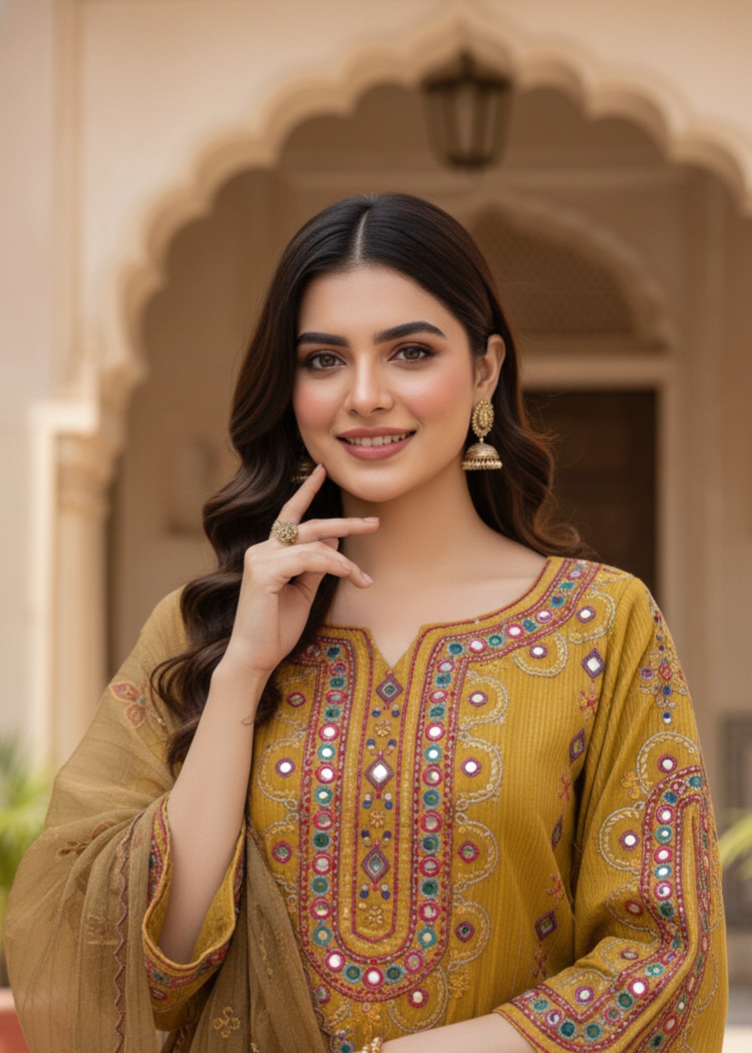 MMG Garments ZARNOOR| EMBROIDERED ORGANZA NET KURTA SET GOLDEN ORANGE MMG 1035 Women 3pcs