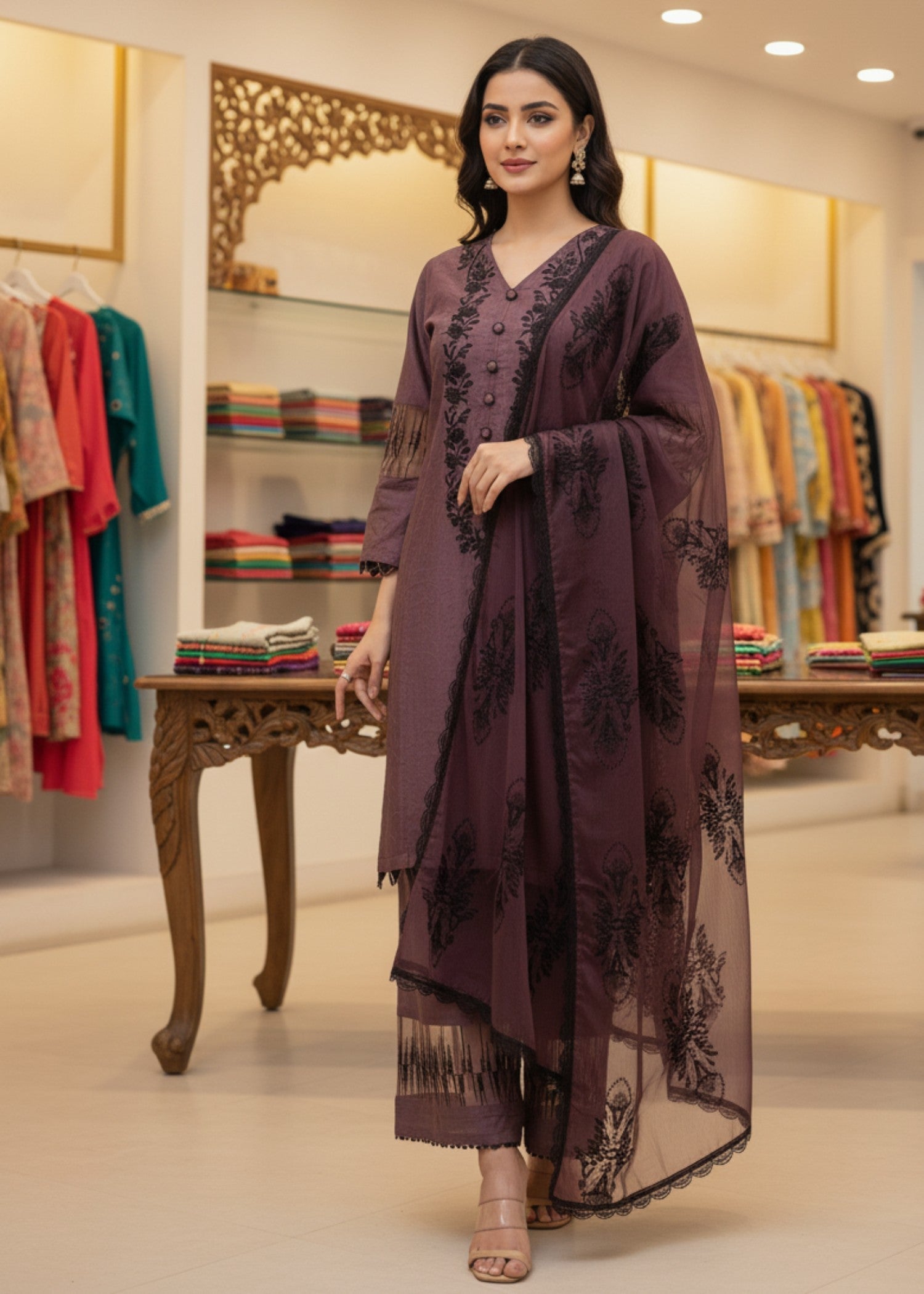 MMG Garments MEHERBANO| POLY VISCOSE CHIKANKARI EMBROIDERED SUIT MAUVE MMG 973 Women 3pcs