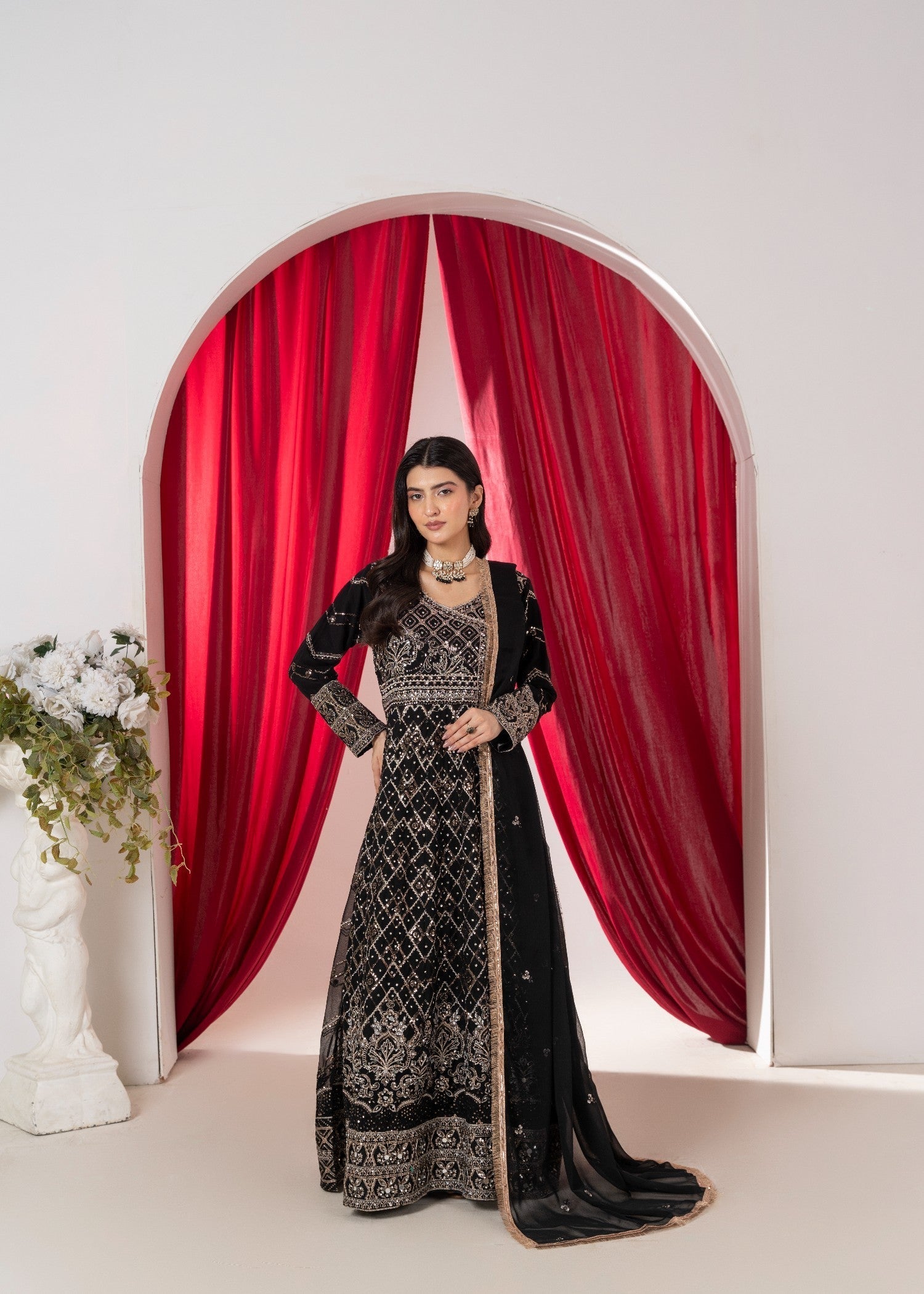 Hkb Officials Ameera Velour Black Chiffon Angarkha Mirror Maxi Women 3pcs