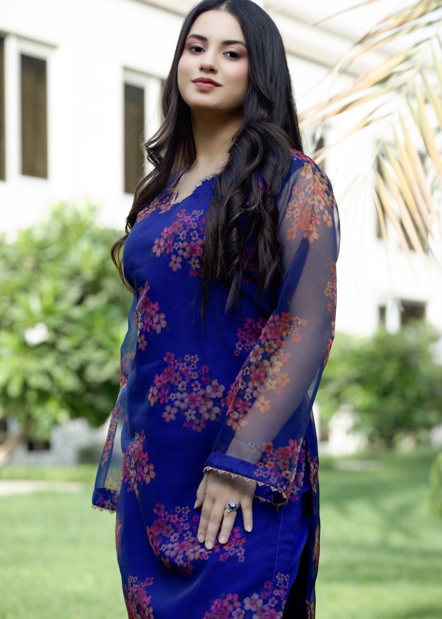 Hayati Collections Organza Printed Suit | Dark Blue Women 2pcs