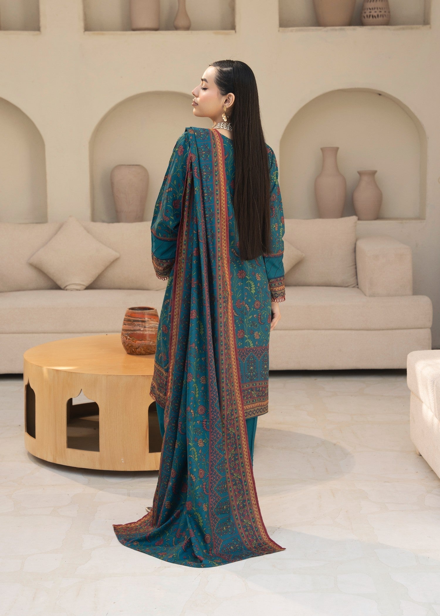 Designer Rack digital print embraided Dhanak teal Women 3pcs