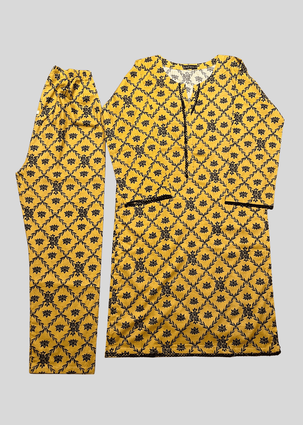 Salimas Stitched Lawn Suit – Yellow with Black Print Women 2pcs