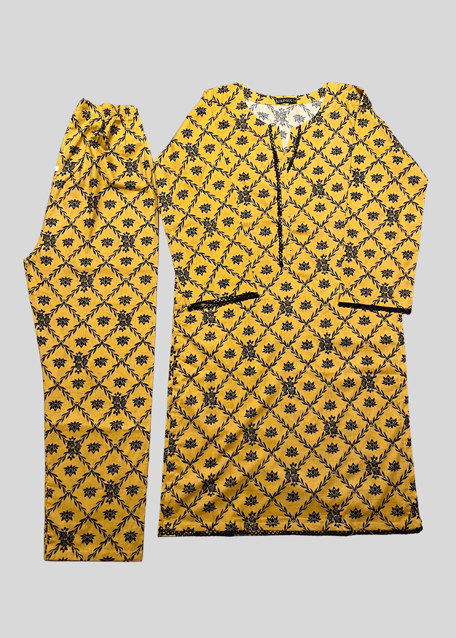 Salimas Stitched Lawn Suit – Yellow with Black Print Women 2pcs