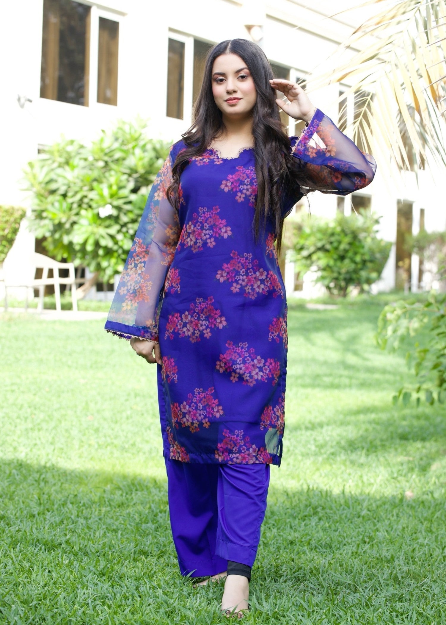 Hayati Collections Organza Printed Suit | Dark Blue Women 2pcs