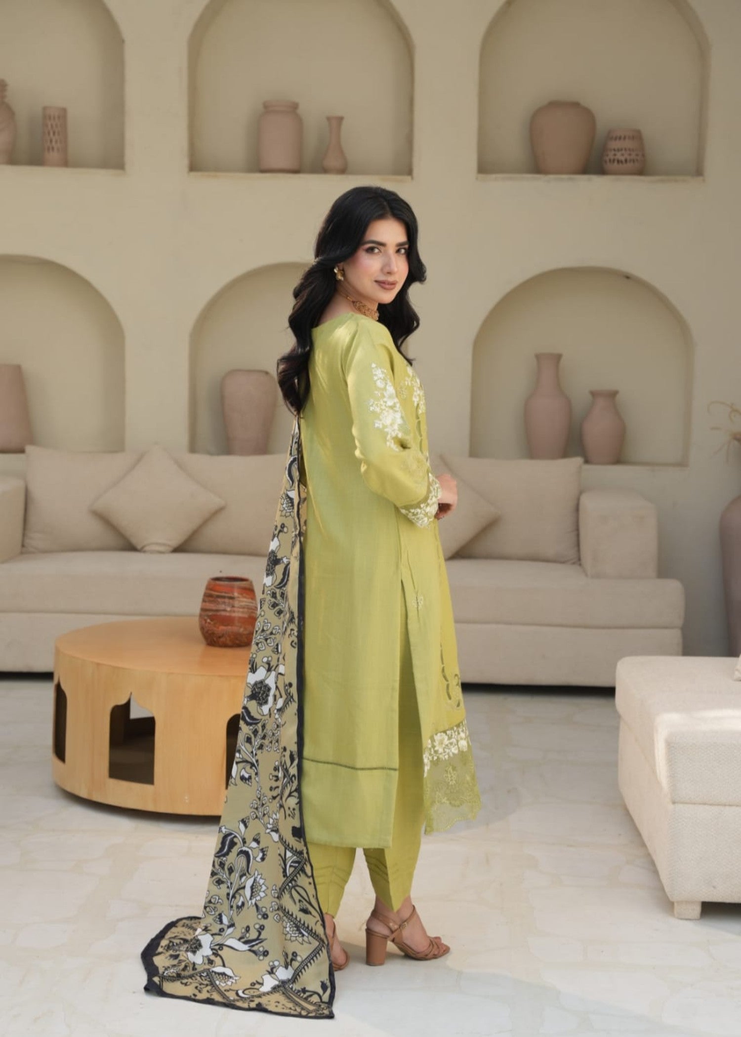 Designer Rack linen embraided olive green Women 3pcs