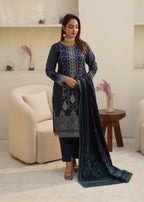 Designer Rack Digital print embraided Dhanak blue Women 3pcs