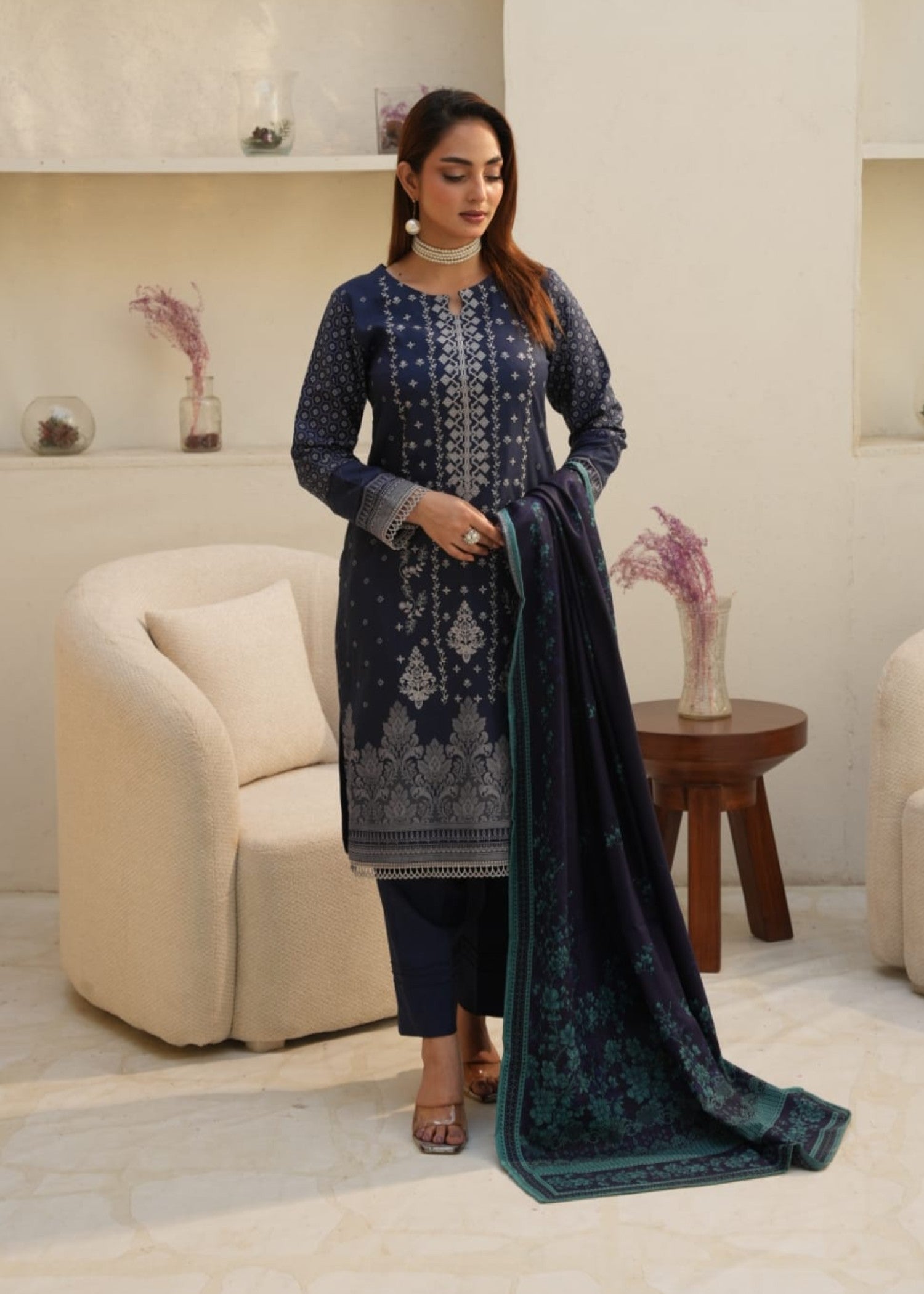 Designer Rack Digital print embraided Dhanak blue Women 3pcs