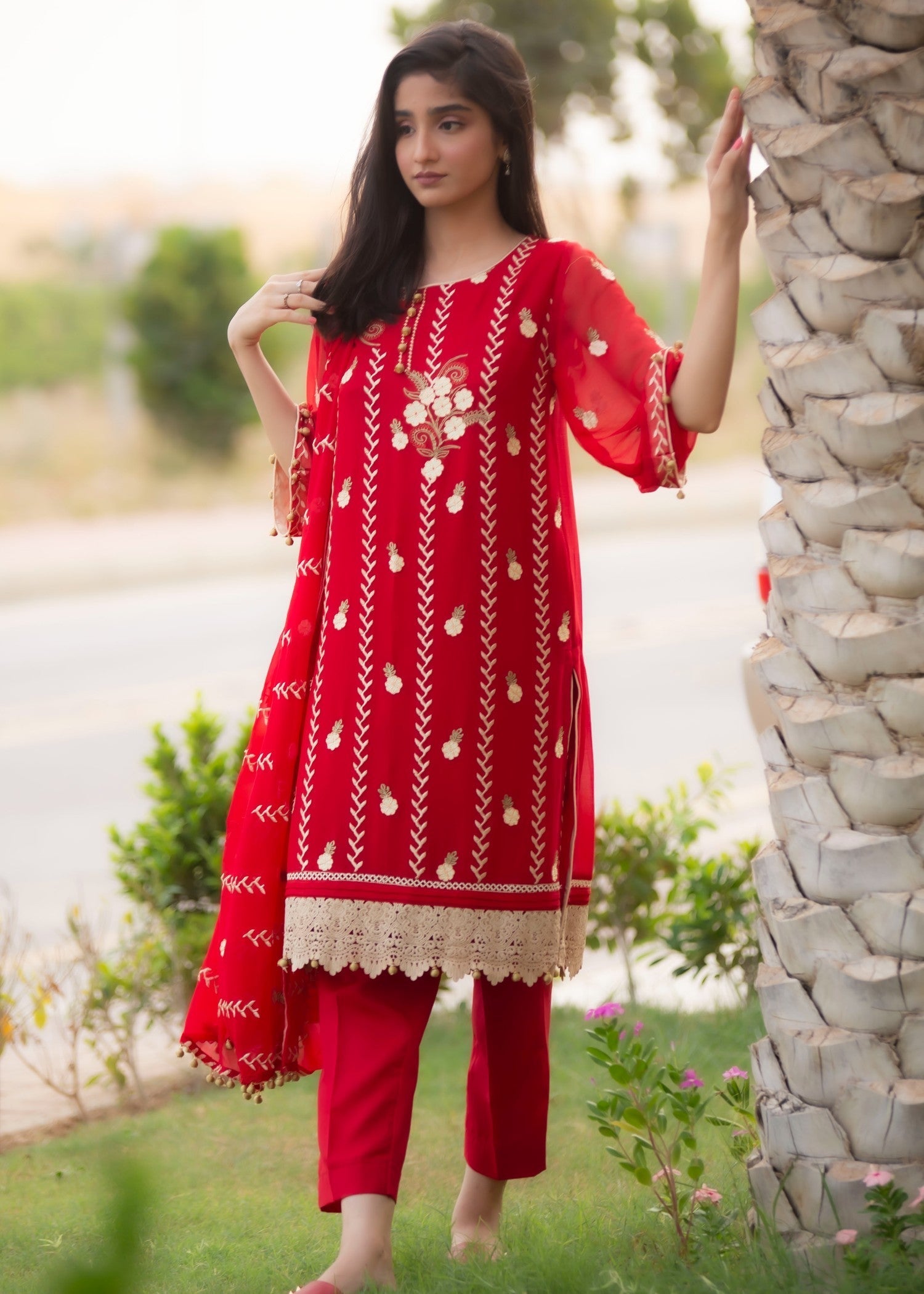 Hayati Collections Chiffon | Embroidered Suit with Dupatta | Red Women 3pcs