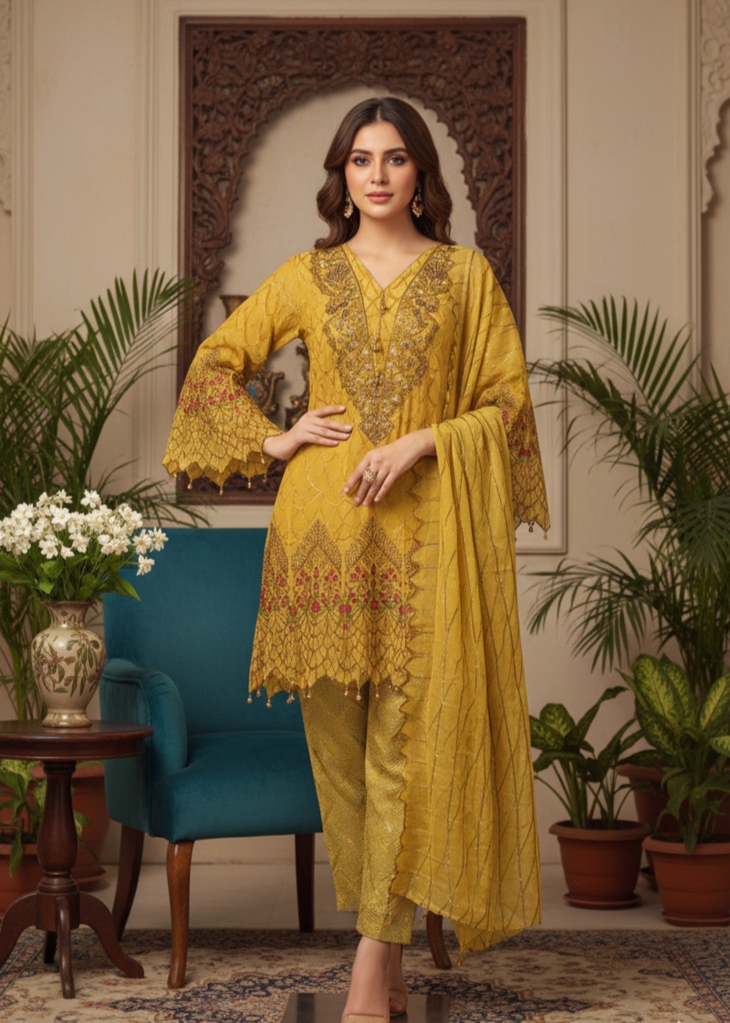 MMG Garments LAMISSA | CHIFFON EMBRODIERED FROCK YELLOW MMG 770 Women 3pcs