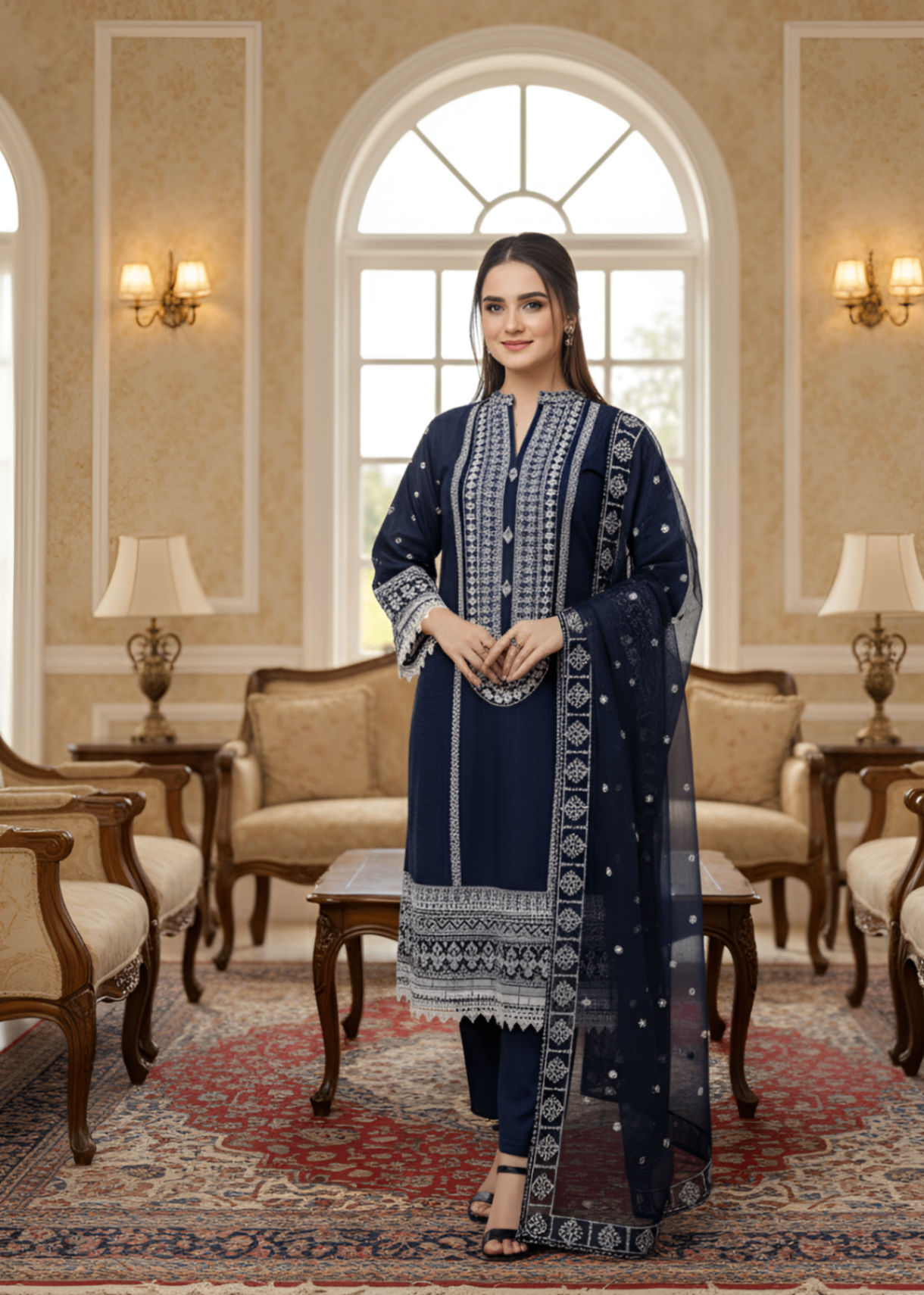 MMG Garments GUL E KHADDAR| EMBROIDERED KURTA SET DARK BLUE MMG 787 Women 3pcs