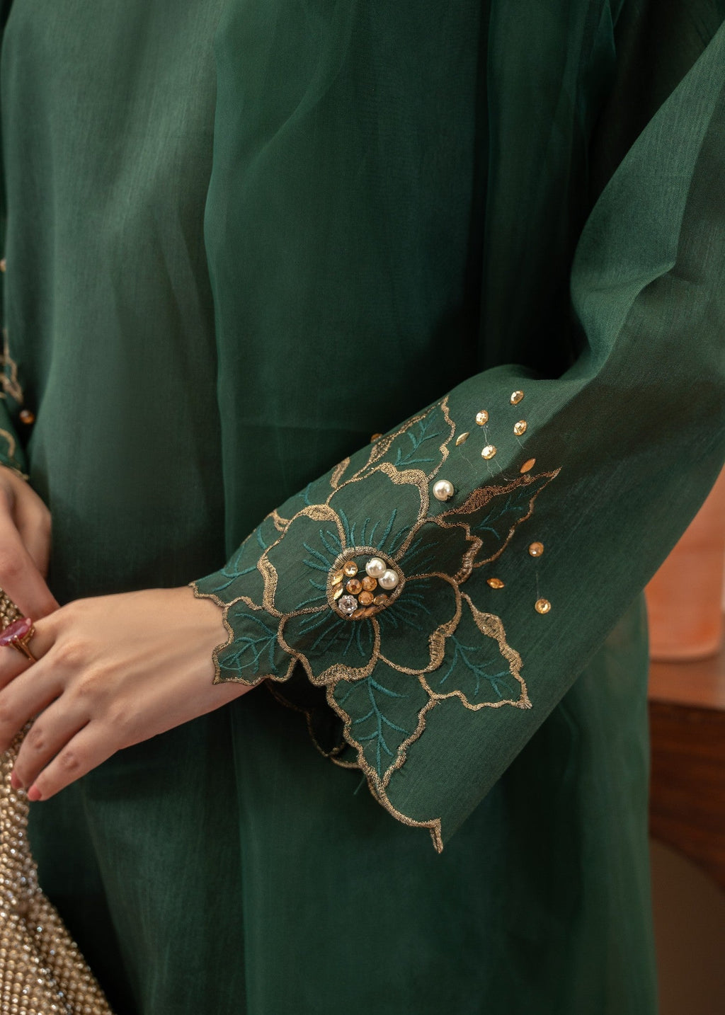 Naaz Couture Hand Embellished Raw Silk Suit Bottle Green Women 3pcs