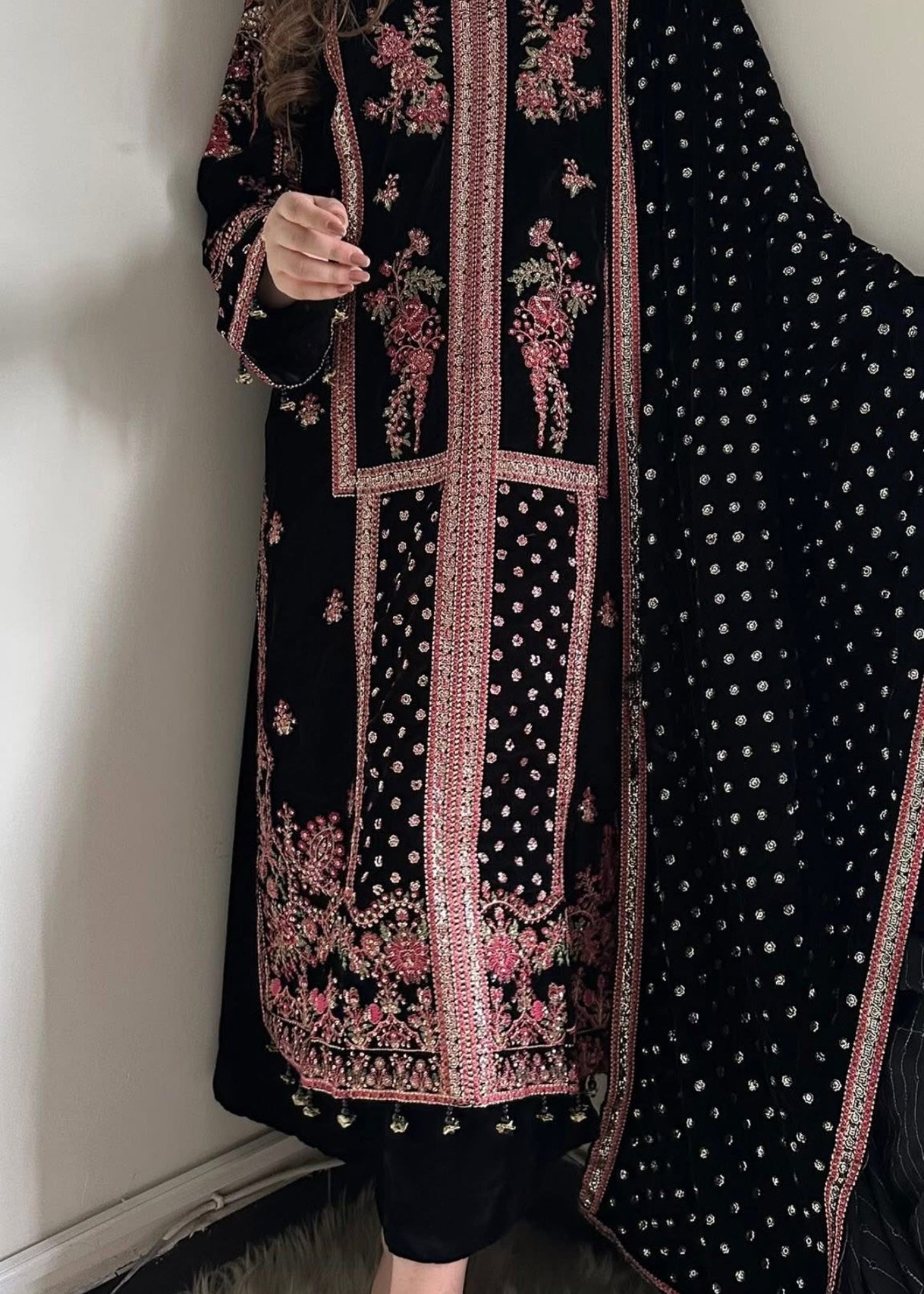 Suits By Sadia Velvet pink black Women 3pcs