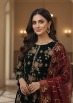 MMG Garments SHEHNAI|VELVET EMBROIDERED D FROCK GREEN Women 3pcs