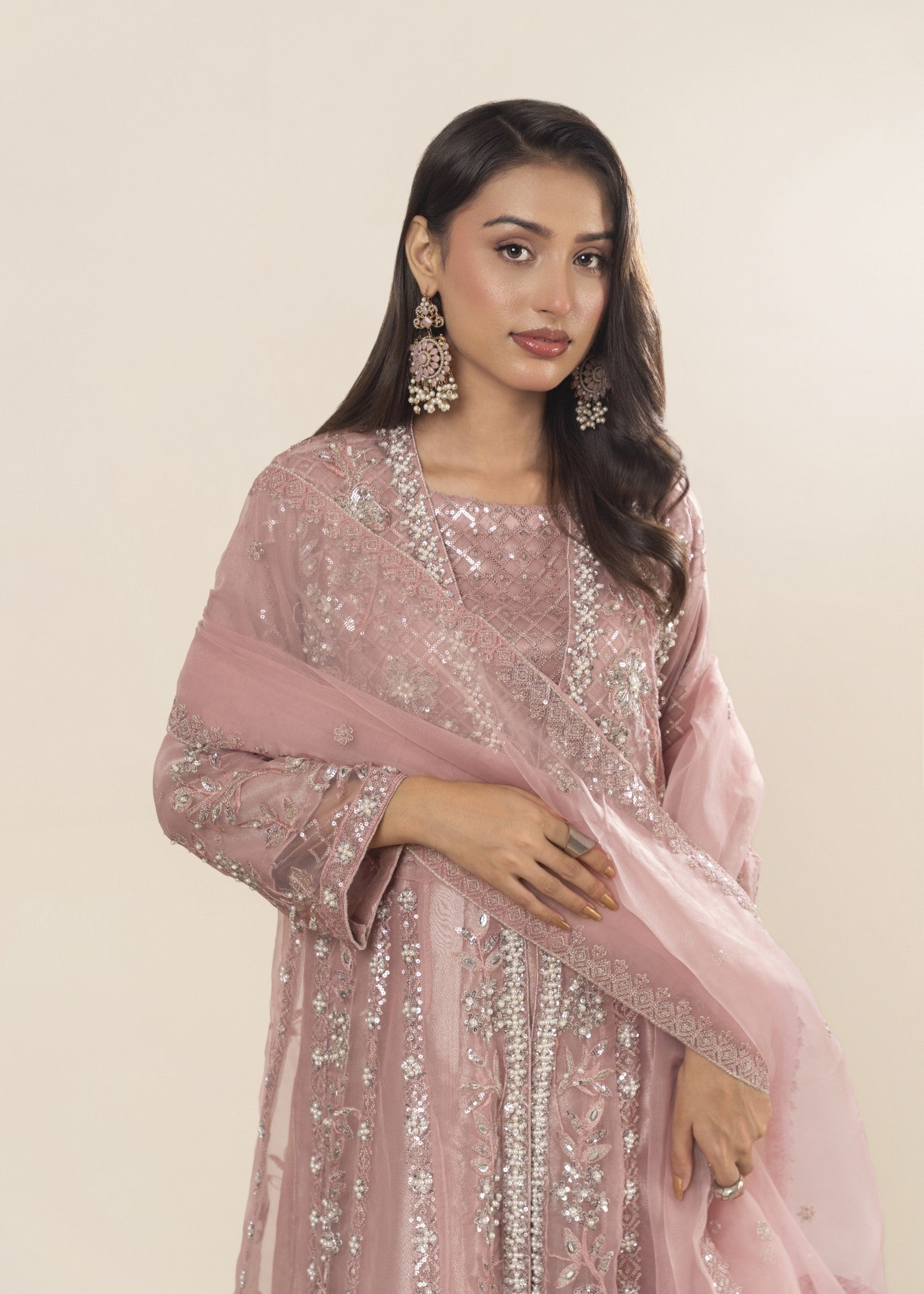 Khubsurat 3800 KH OR Pink Embroidery Pearl Embellishment Gown Women 4pcs