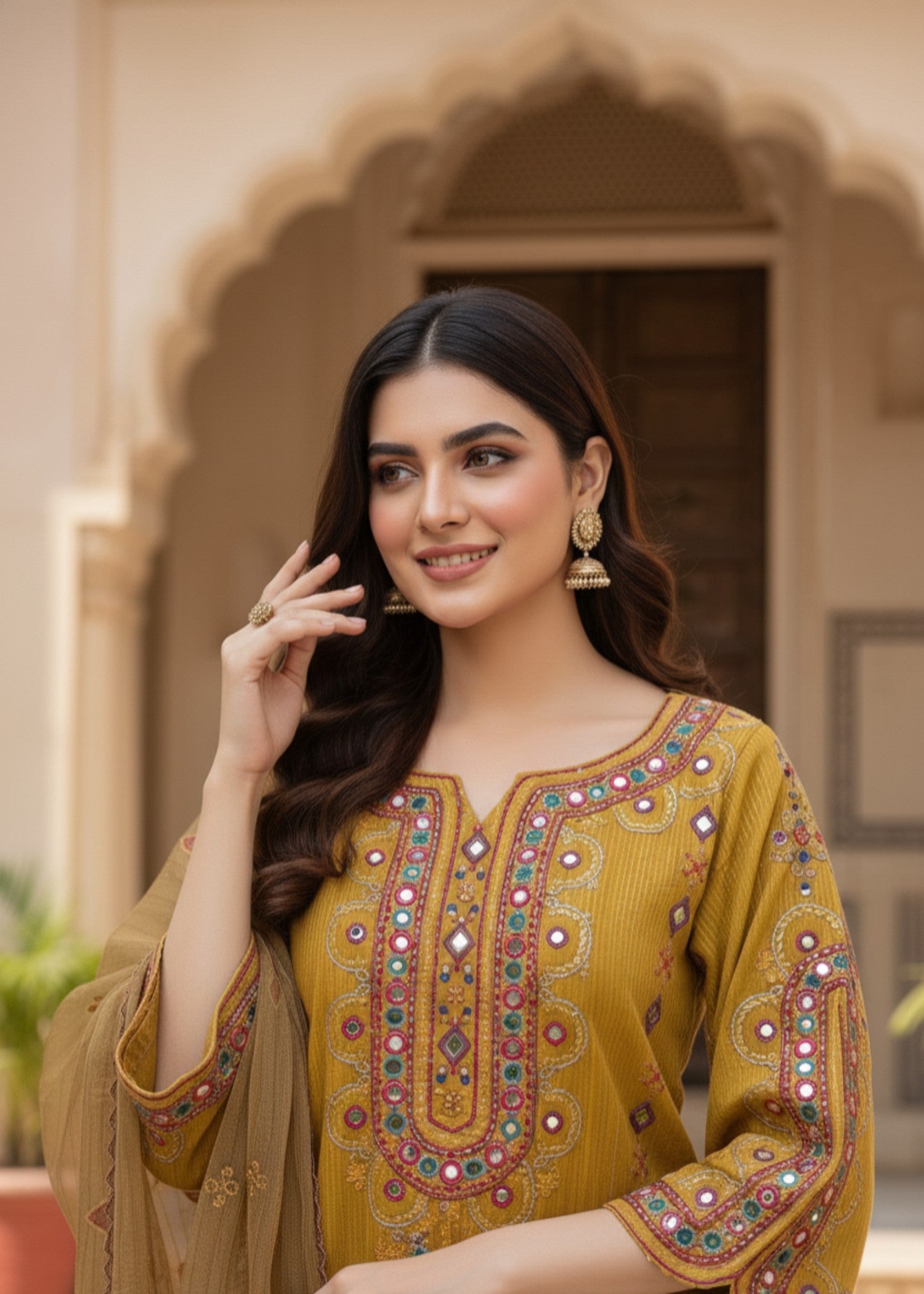 MMG Garments ZARNOOR| EMBROIDERED ORGANZA NET KURTA SET GOLDEN ORANGE MMG 1035 Women 3pcs