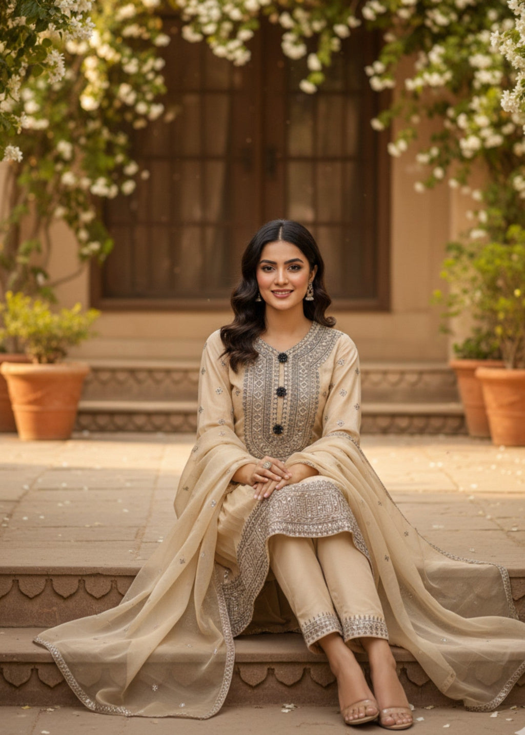 MMG Garments BALOCHI GRACE|CHIFFON EMBROIDERED PISHWAS CREAM MMG 1097 Women 3pcs