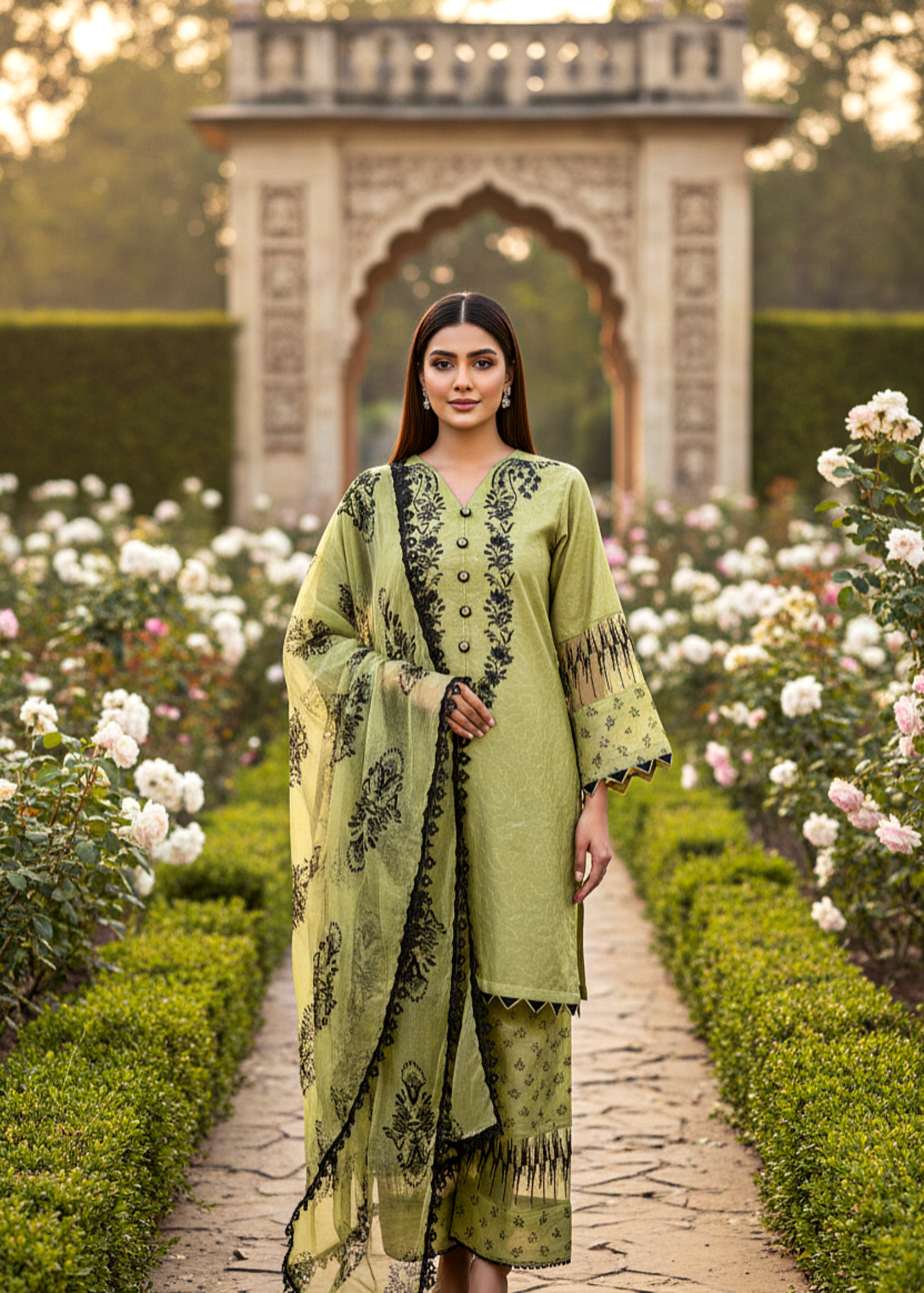 MMG Garments MEHERBANO| COTTON CHIKANKARI EMBROIDERED SUIT LIGHT GREEN MMG 973 Women 3pcs