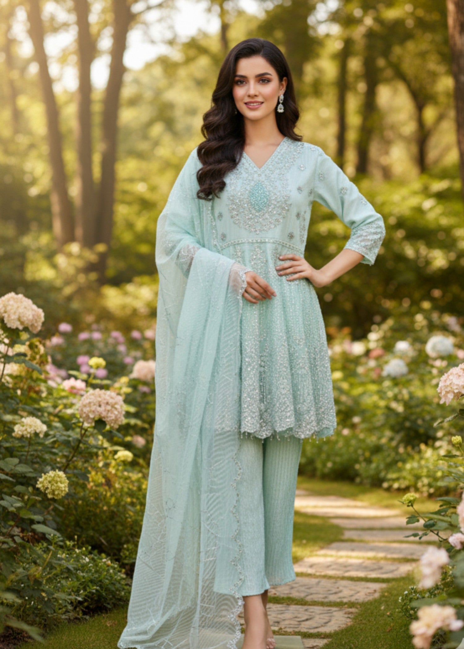 MMG Garments ZARIYA|KHADDI NET EMBROIDERED FROCK POWDER BLUE MMG 1076 Women 3pcs