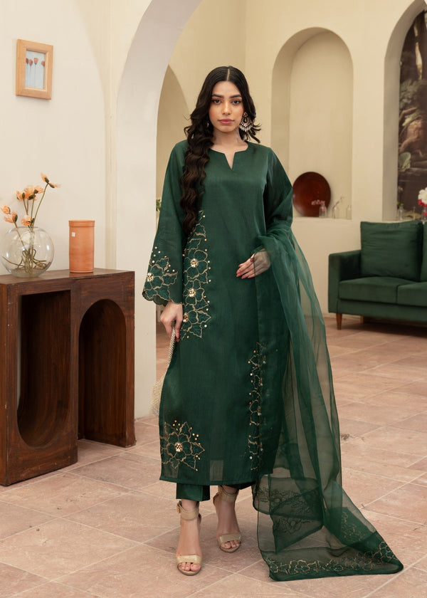Naaz Couture Hand Embellished Raw Silk Suit Bottle Green Women 3pcs