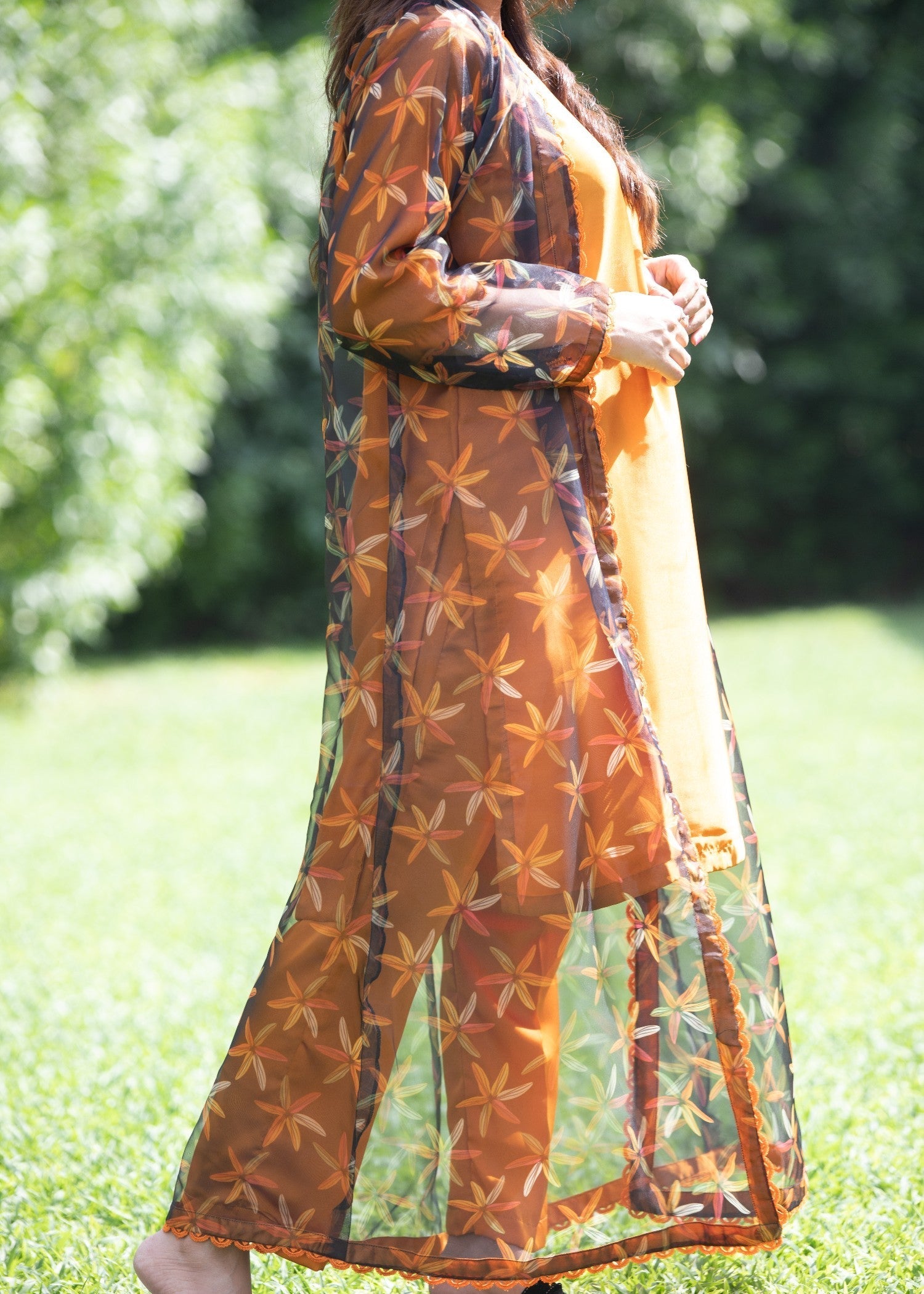 Hayati Collections Organza | Printed Gown with Silk Inner | | Gold Women 3pcs