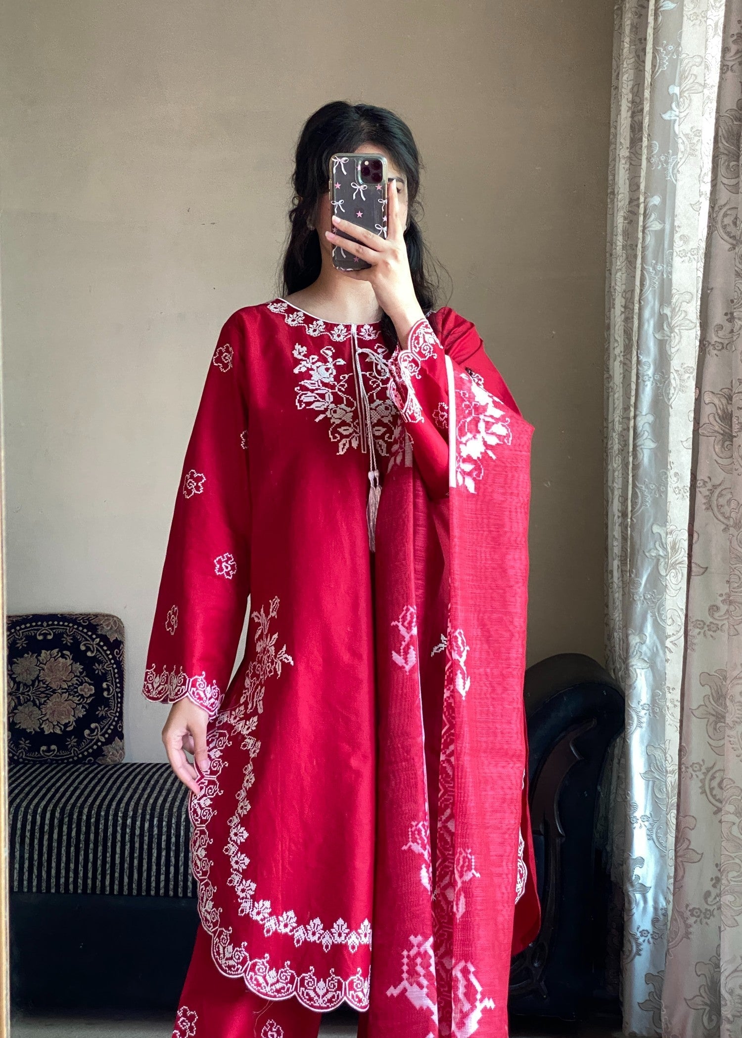 Attirepret Red Cotton Suit | Cross Stitch Embroidery Women 3pcs