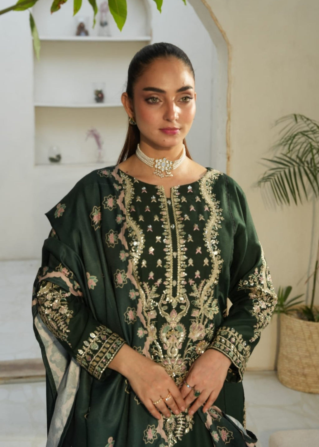 Designer Rack Dhanak embraided green Women 3pcs