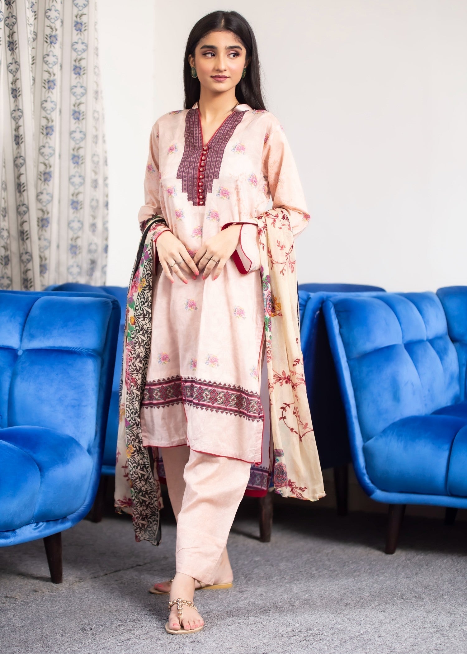 Hayati Collections Lawn | with Chiffon Dupatta | Peach Women 3pcs