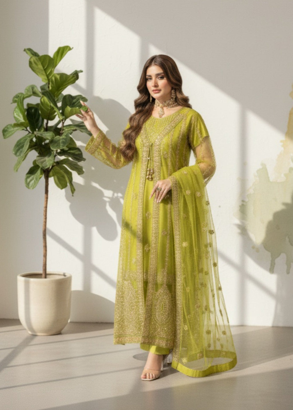 Pehnawa By Bin Akram’s Green Elegance | Net Gown Women 4pcs