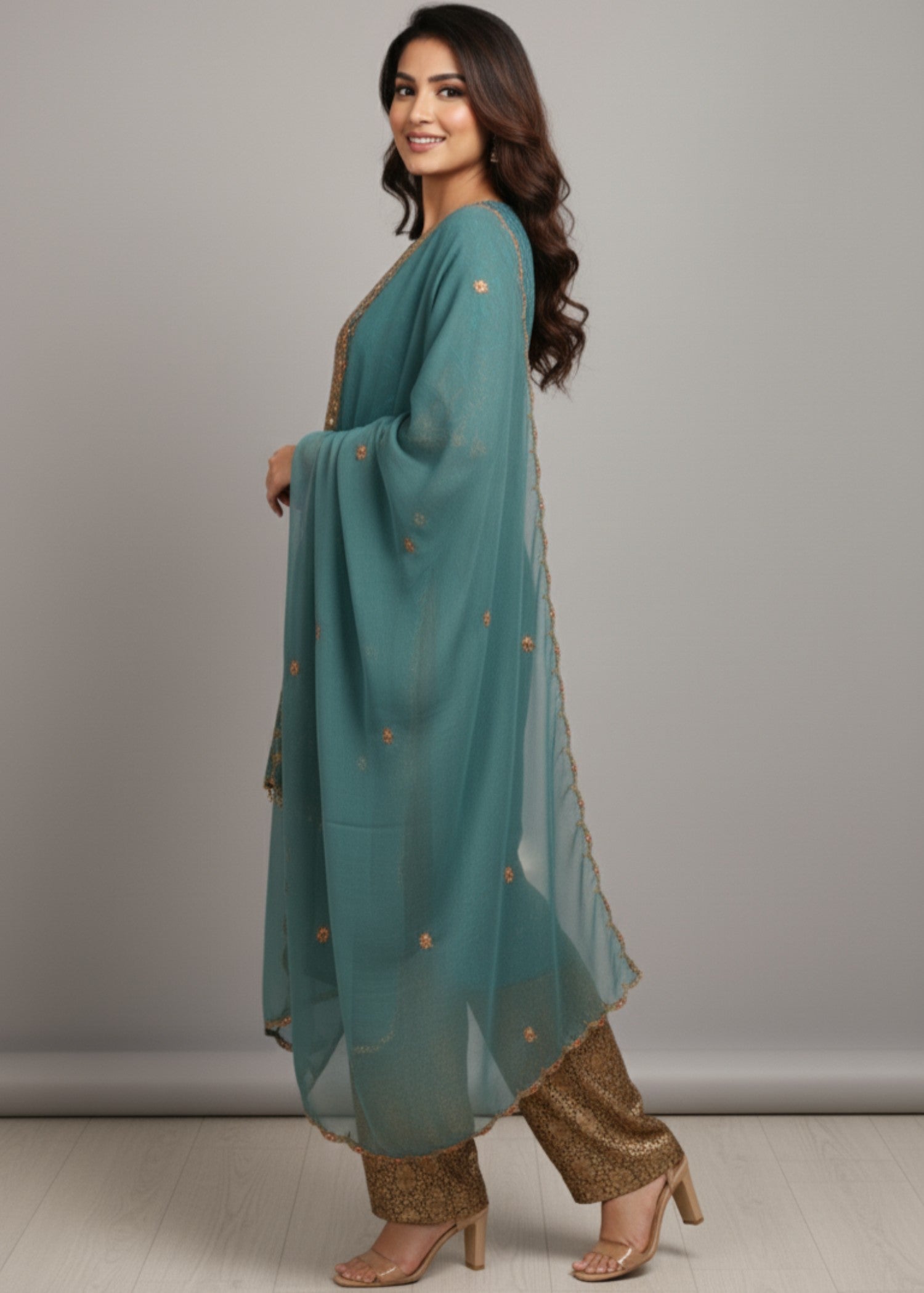 MMG Garments AMIRA| CHIFFON EMBROIDERED FROCK PACIFIC BLUE MMG 844 Women 3pcs