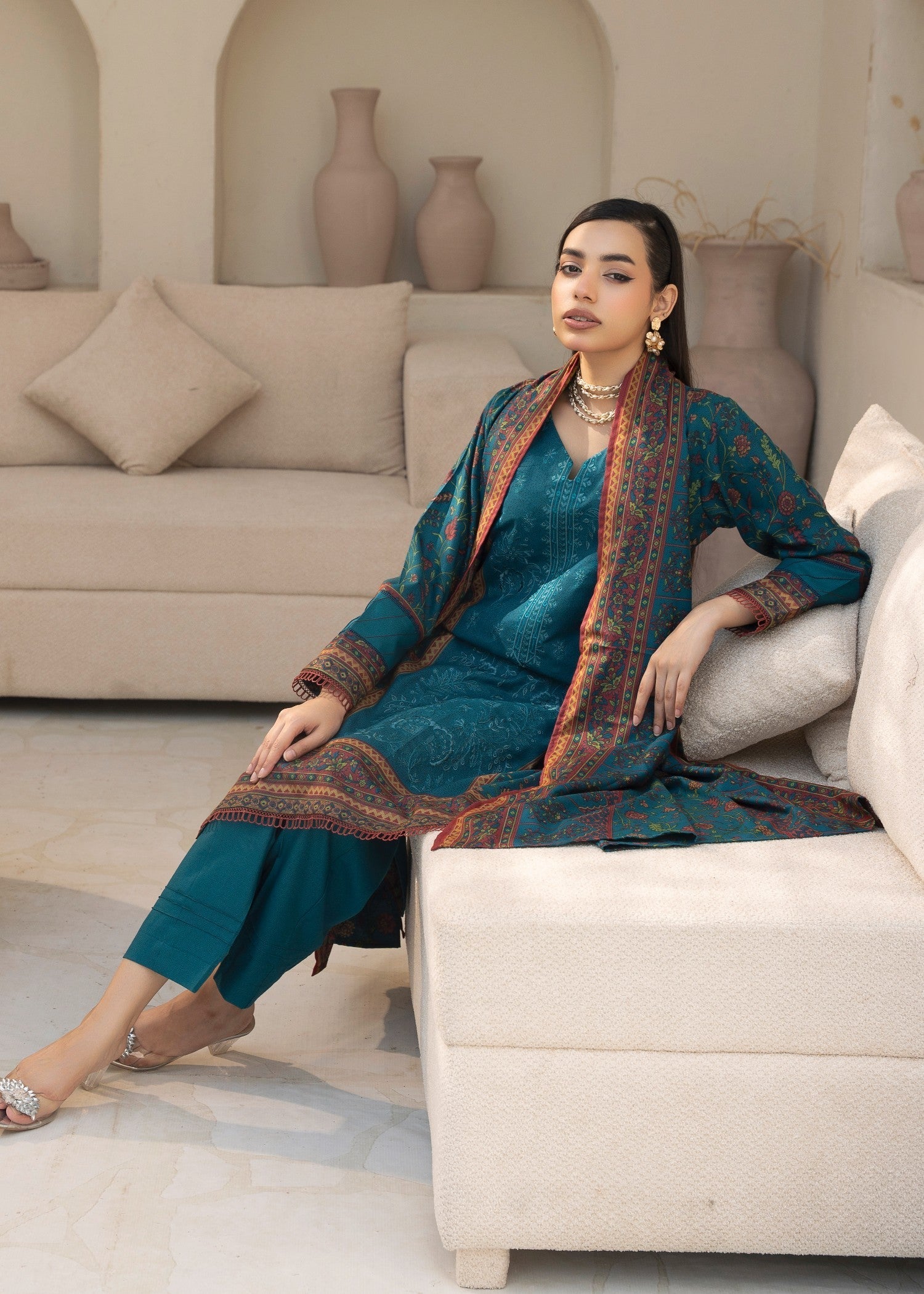 Designer Rack digital print embraided Dhanak teal Women 3pcs