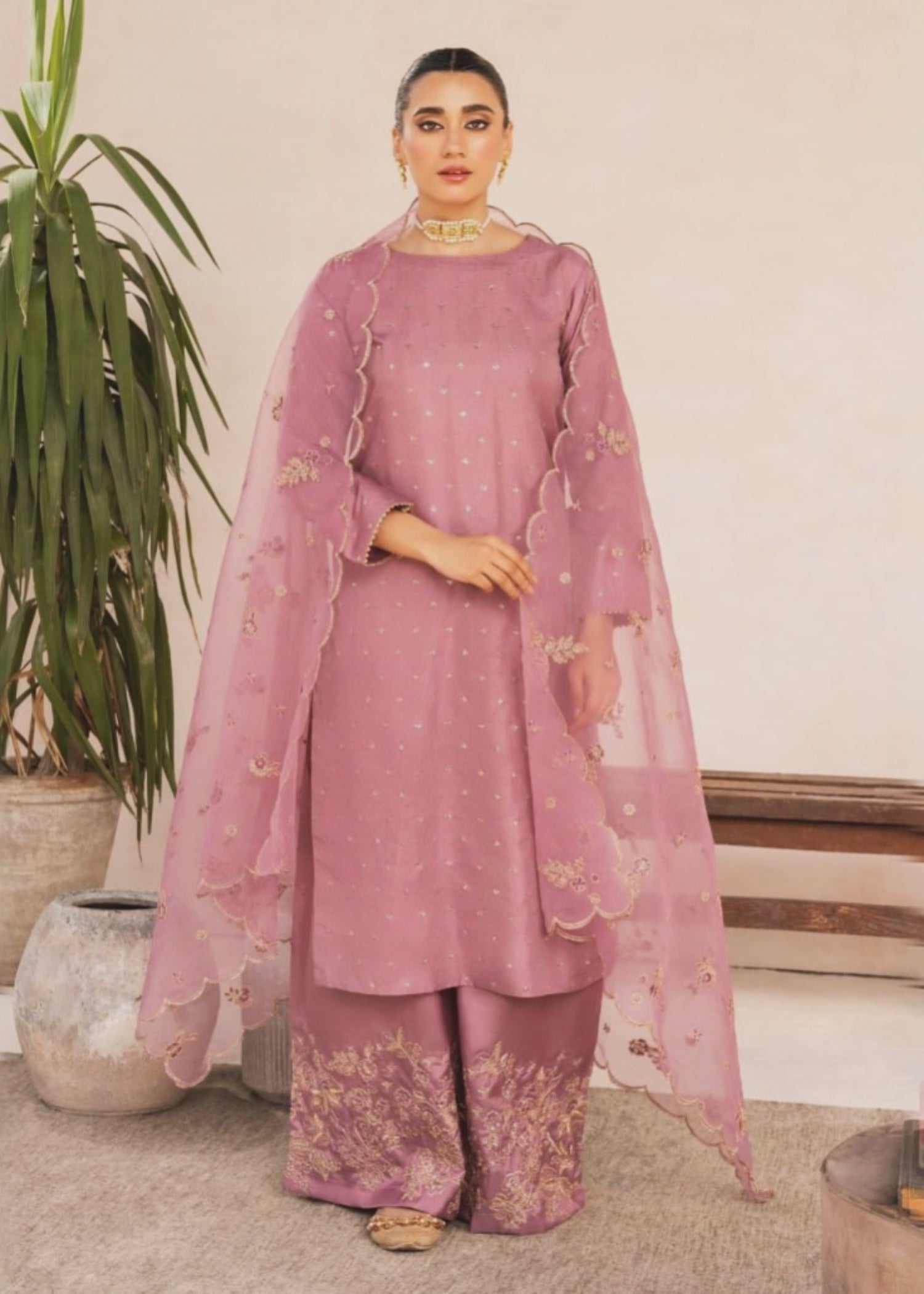 Suits By Sadia Kattan silk powder pink Women 3pcs