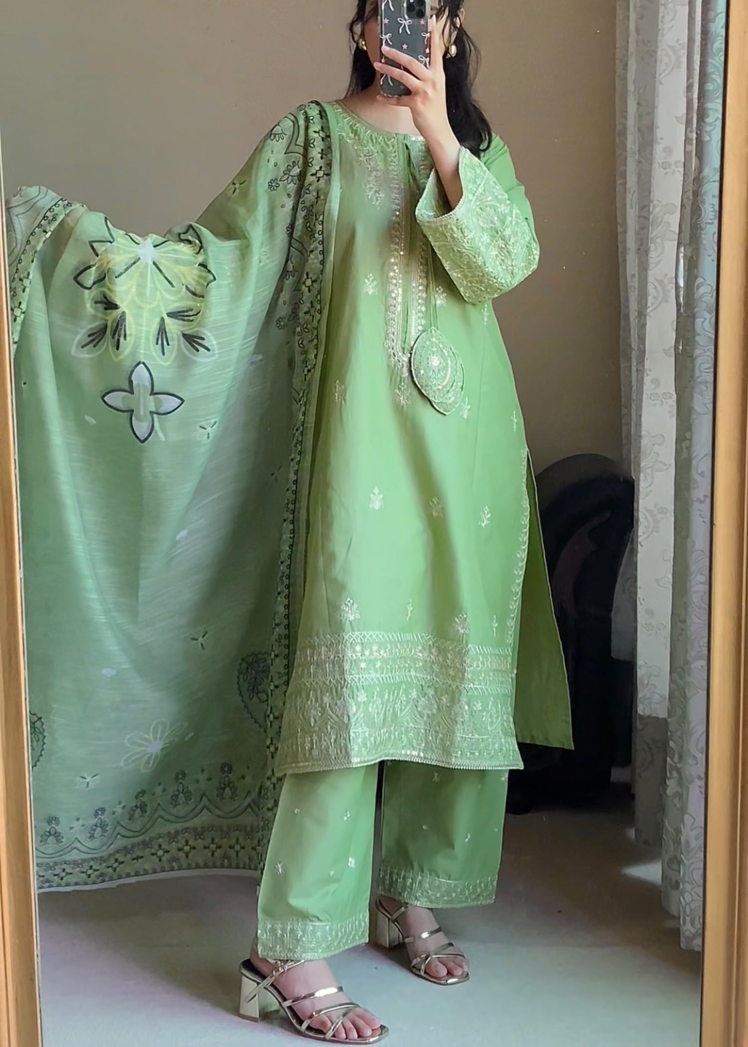 Attirepret Pistachio Green Embroidered Cotton Suit – By Women 3pcs