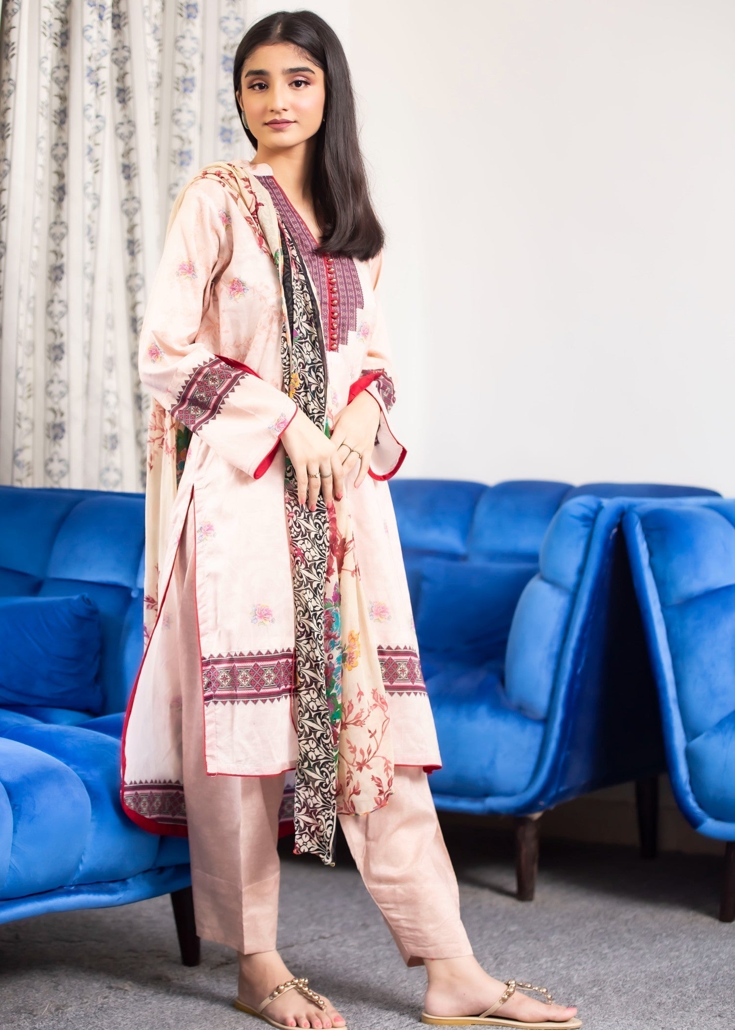 Hayati Collections Lawn | with Chiffon Dupatta | Peach Women 3pcs